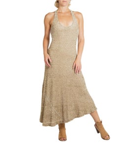 1990S Ralph Lauren Gold Knit With Sequins And Beads Gown