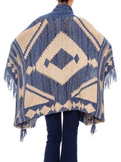 1990S RALPH LAUREN Indigo Blue Wool Blend Hand Knit Poncho With Fringe