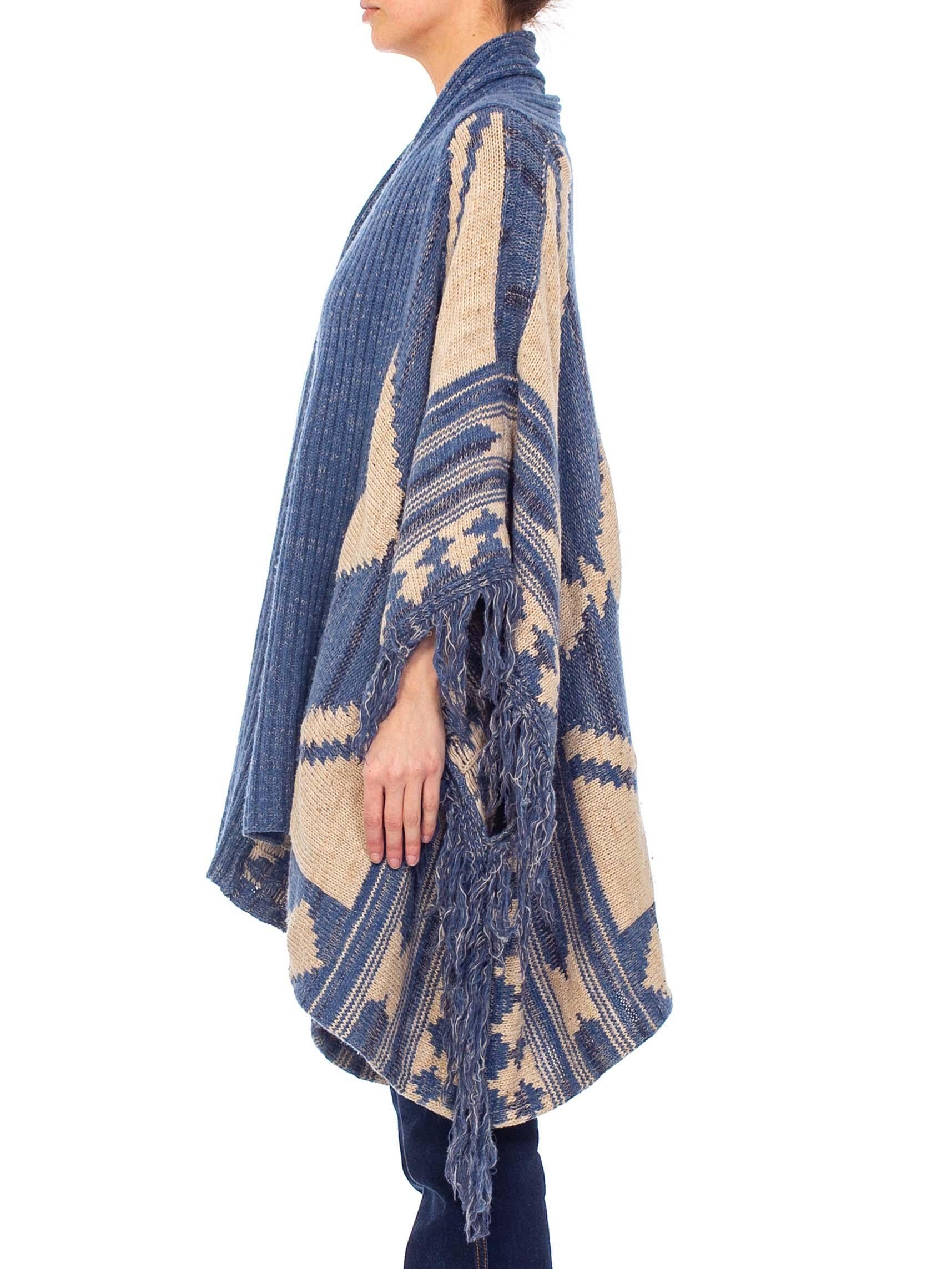 1990S RALPH LAUREN Indigo Blue Wool Blend Hand Knit Poncho With Fringe In Excellent Condition In New York, NY
