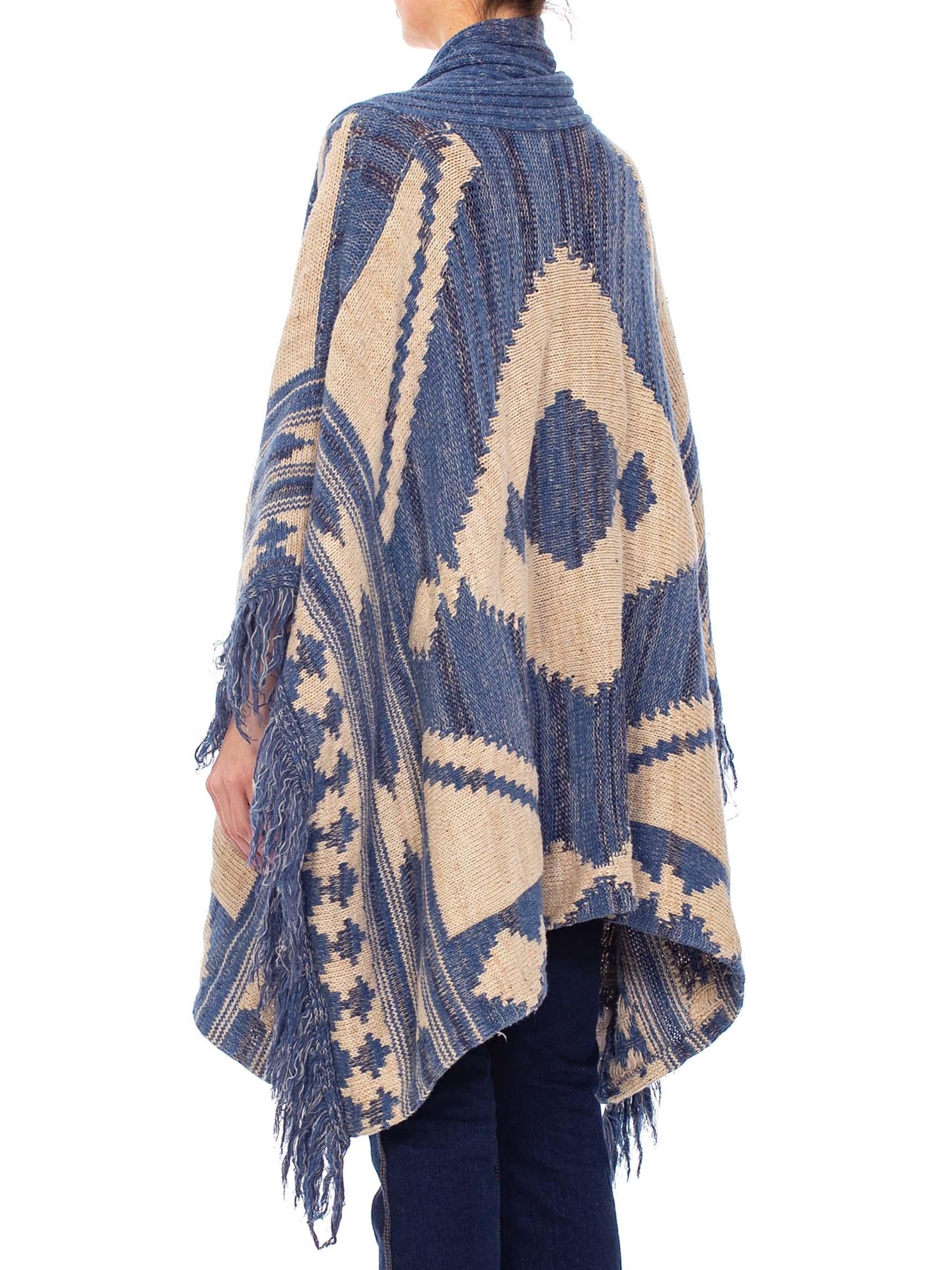 1990S RALPH LAUREN Indigo Blue Wool Blend Hand Knit Poncho With Fringe 2