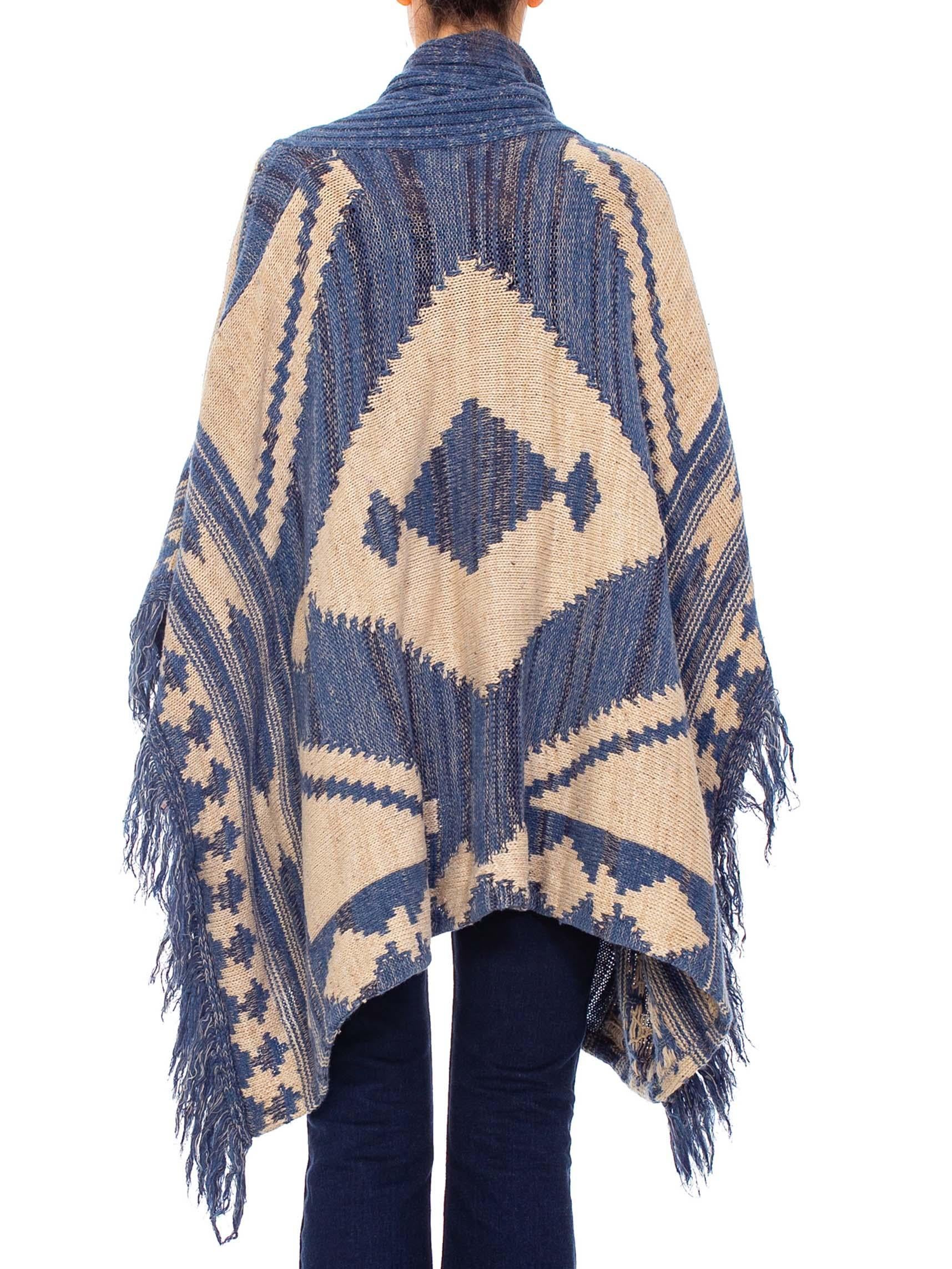 1990S RALPH LAUREN Indigo Blue Wool Blend Hand Knit Poncho With Fringe 3