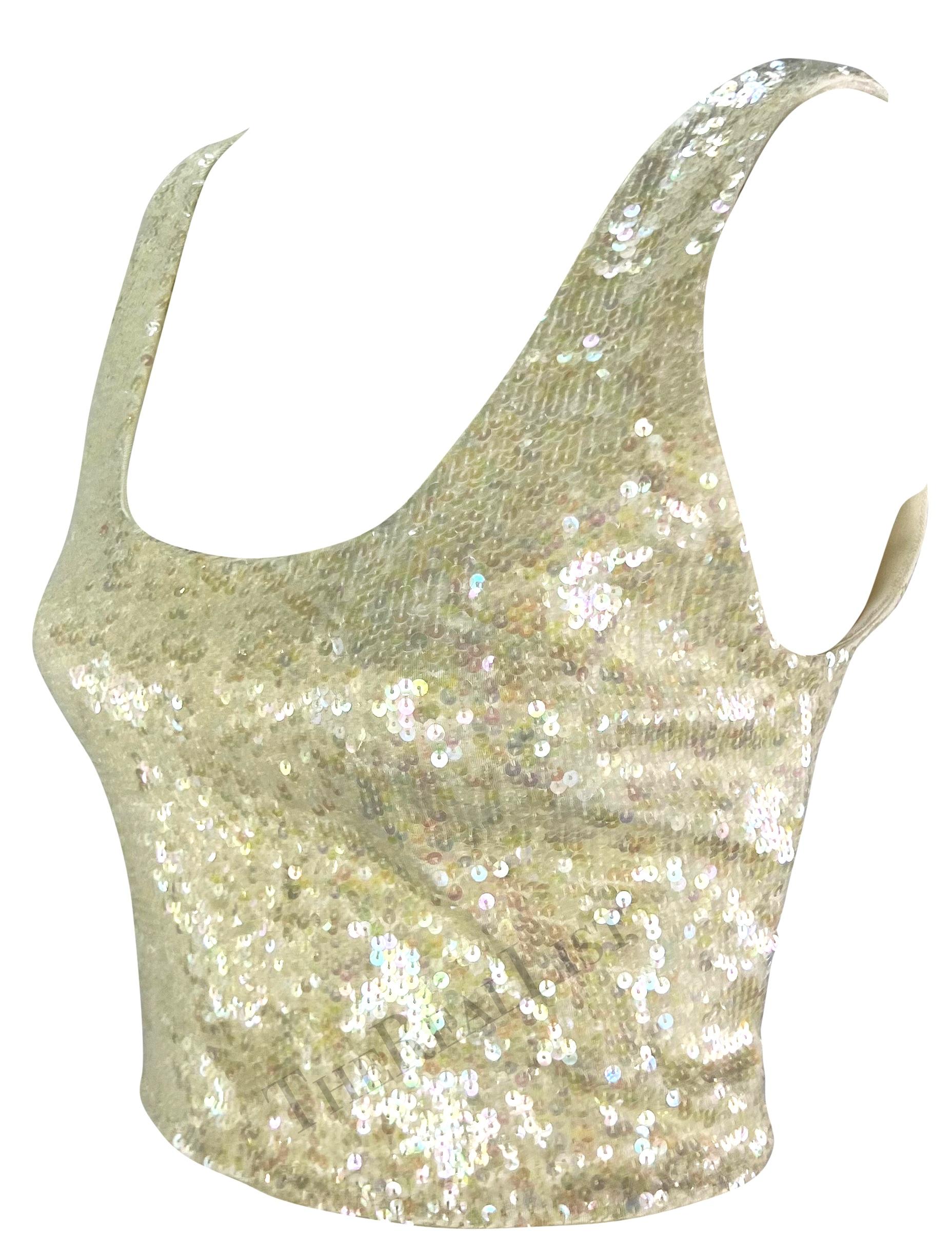 1990s Ralph Lauren Irridescent Sequin White Stretch Crop Top In Excellent Condition For Sale In West Hollywood, CA