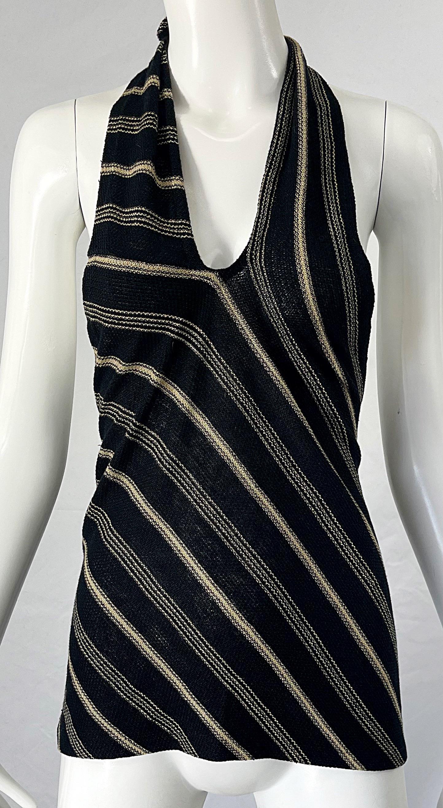 1990s Ralph Lauren Linen Black and Tan Striped Vintage 90s Halter Top Shirt For Sale 3