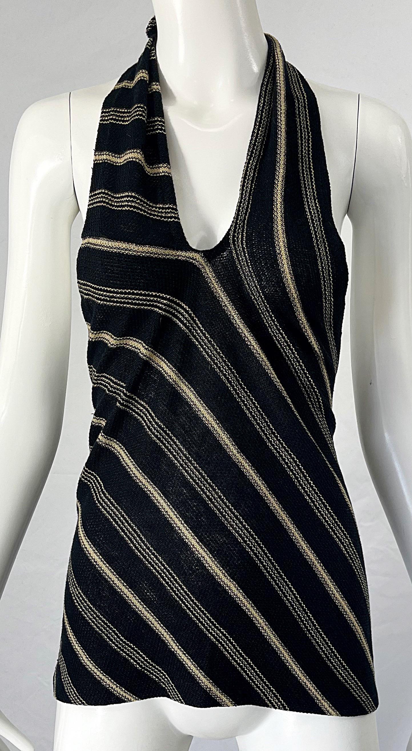 1990s Ralph Lauren Lino Negro y Tan Rayas Vintage 90s Halter Top Camisa 6