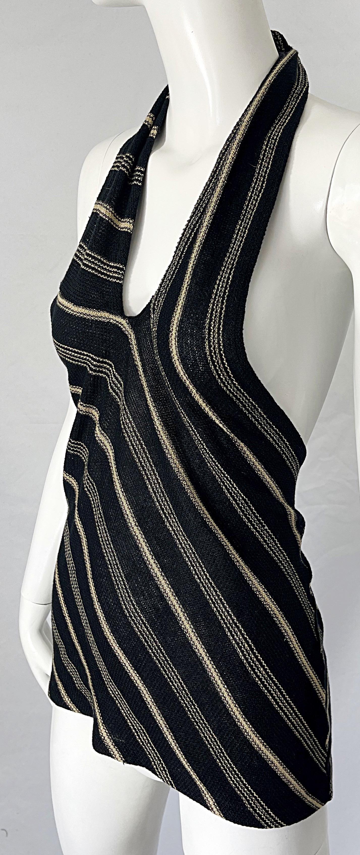 1990s Ralph Lauren Linen Black and Tan Striped Vintage 90s Halter Top Shirt For Sale 5