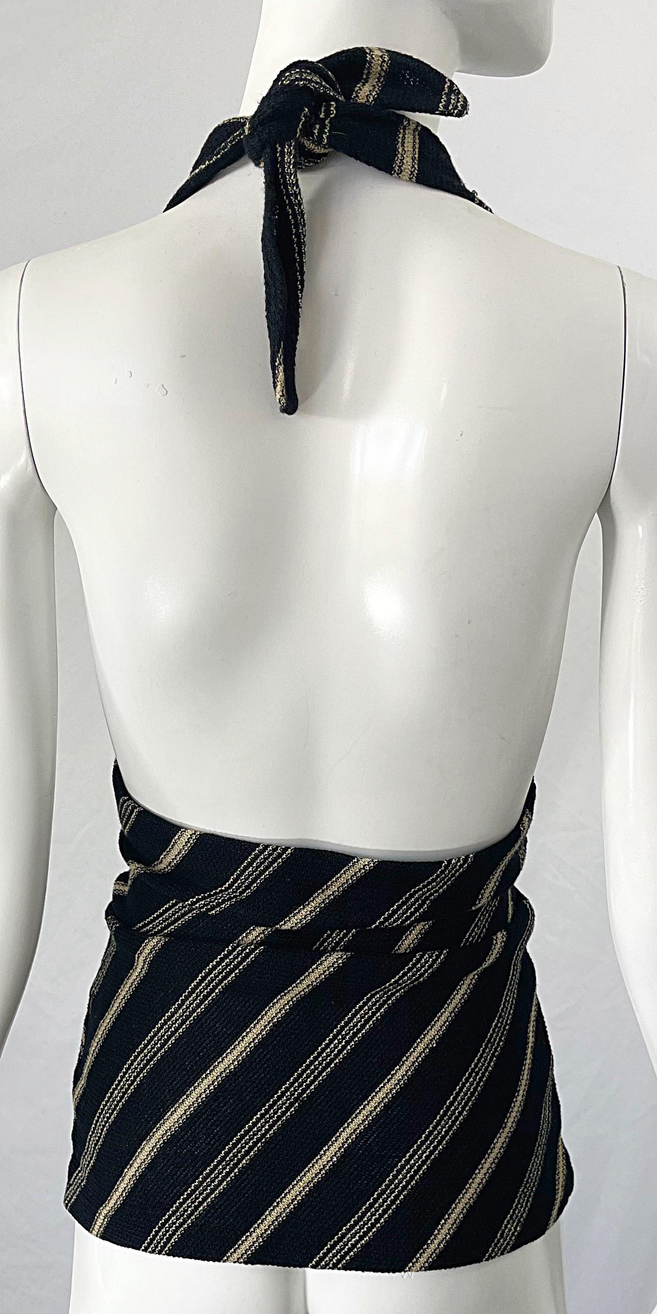 1990s Ralph Lauren Linen Black and Tan Striped Vintage 90s Halter Top Shirt For Sale 6
