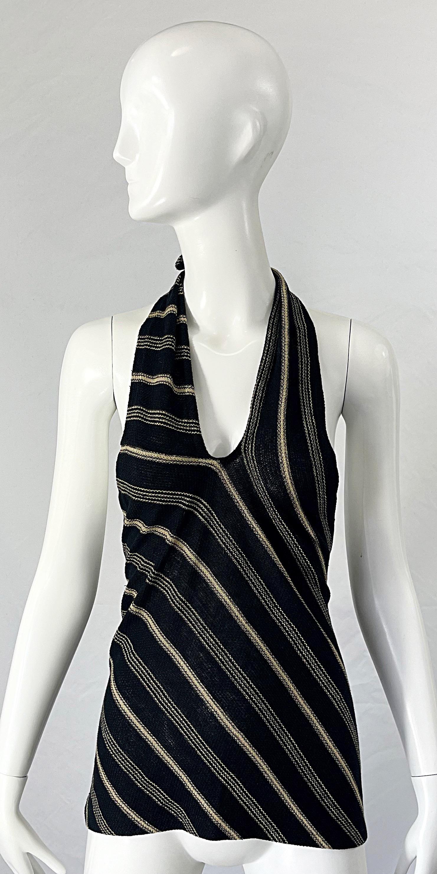 1990s Ralph Lauren Linen Black and Tan Striped Vintage 90s Halter Top Shirt For Sale 7