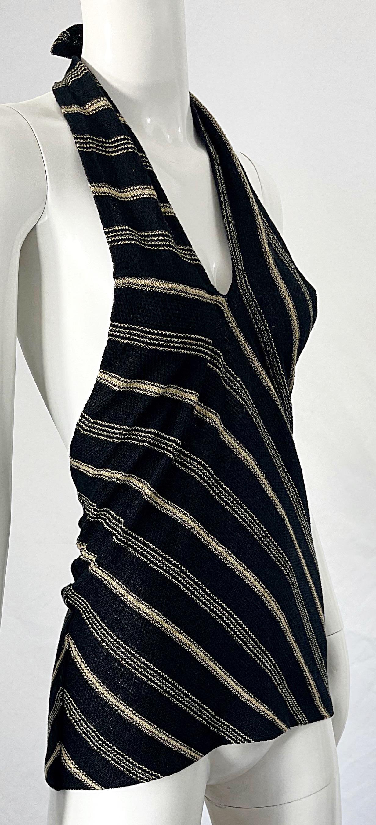 1990s Ralph Lauren Linen Black and Tan Striped Vintage 90s Halter Top Shirt In Excellent Condition For Sale In San Diego, CA