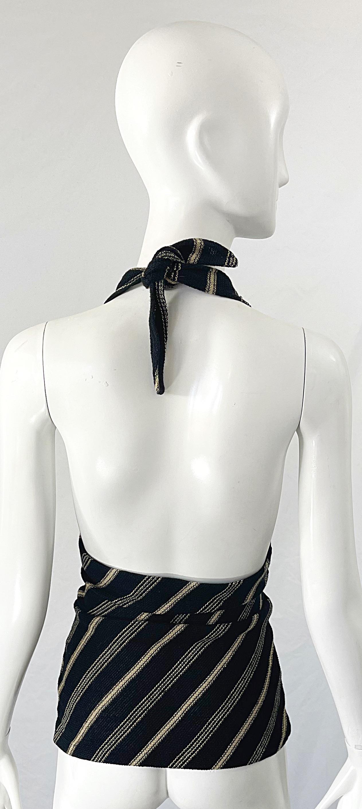 1990s Ralph Lauren Linen Black and Tan Striped Vintage 90s Halter Top Shirt For Sale 1