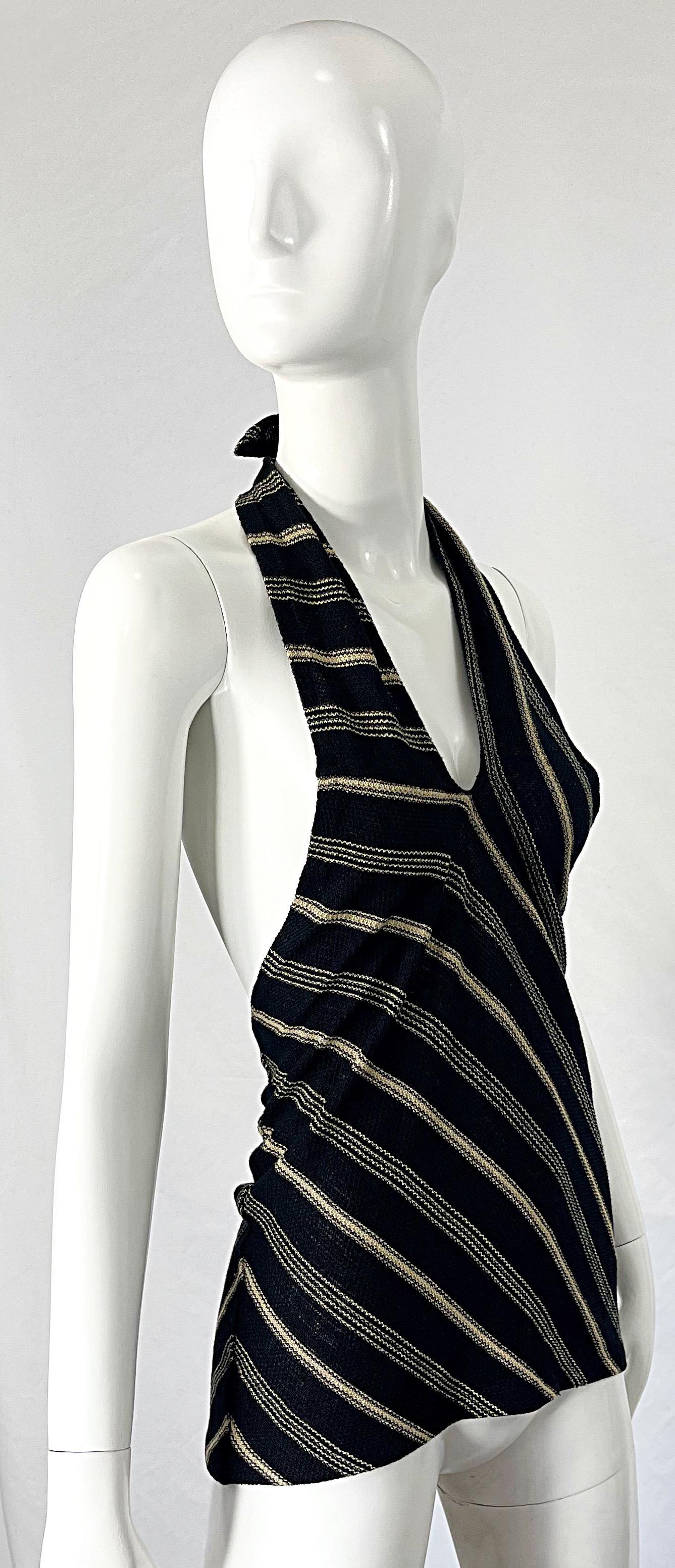 1990s Ralph Lauren Linen Black and Tan Striped Vintage 90s Halter Top Shirt For Sale 2