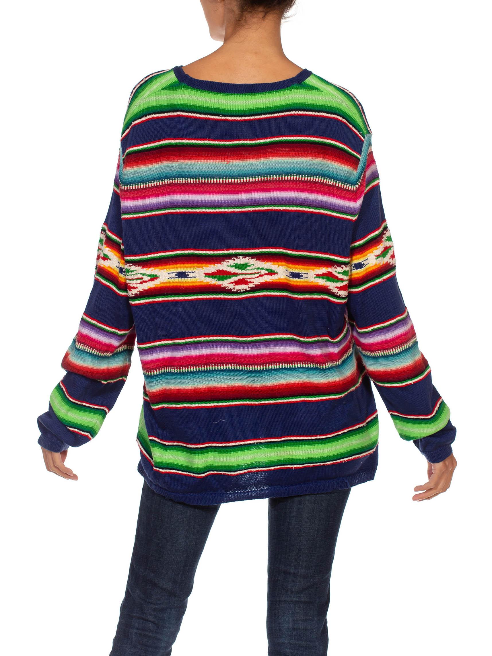 Black 1990S RALPH LAUREN Multicolor Striped Silk/Cotton Blend Hand Knit Native Americ For Sale