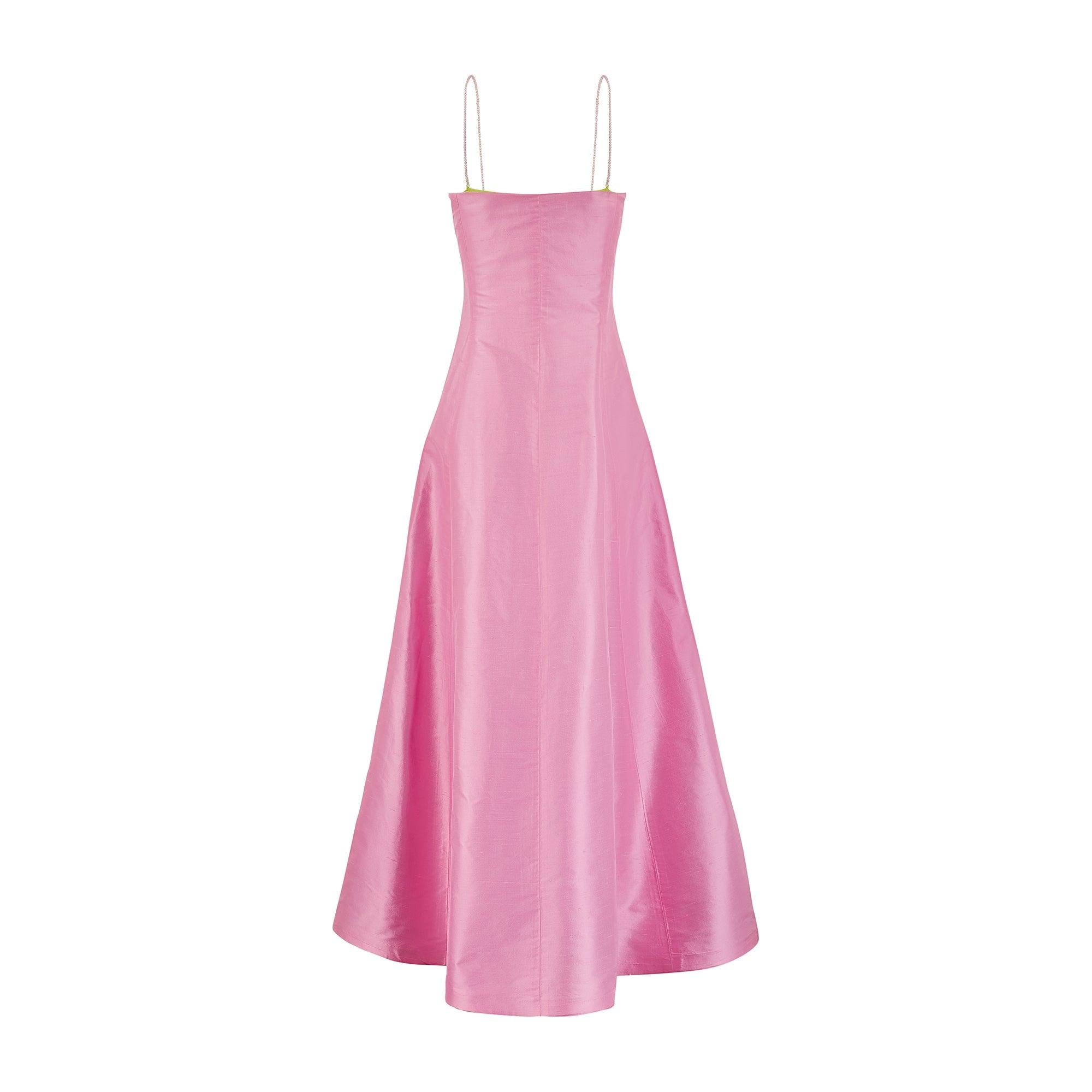 1990s Ralph Lauren Pink Silk Maxi Dress with Crystal Straps In Excellent Condition For Sale In London, GB