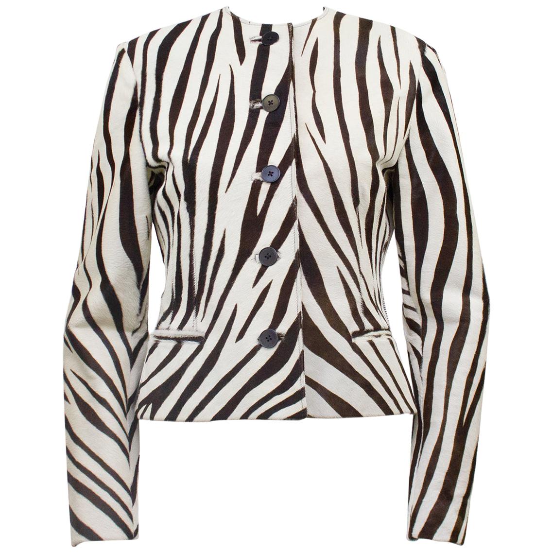 Stunning early 1990s Ralph Lauren Purple Label Collection Jacket. White and brown/black all over cow hide zebra print. Collarless with brown/black buttons and horizontal slit pockets. Cream lining. Excellent vintage condition - no wear to cow hide