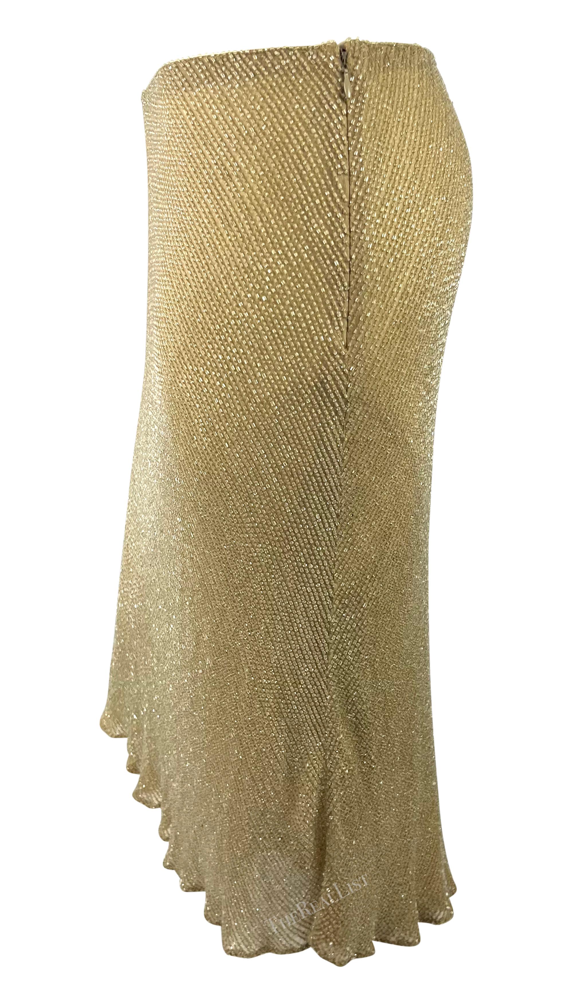 1990s Ralph Lauren Sheer Silk Chiffon Beige Clear Beaded Flare Midi Skirt In Excellent Condition For Sale In West Hollywood, CA