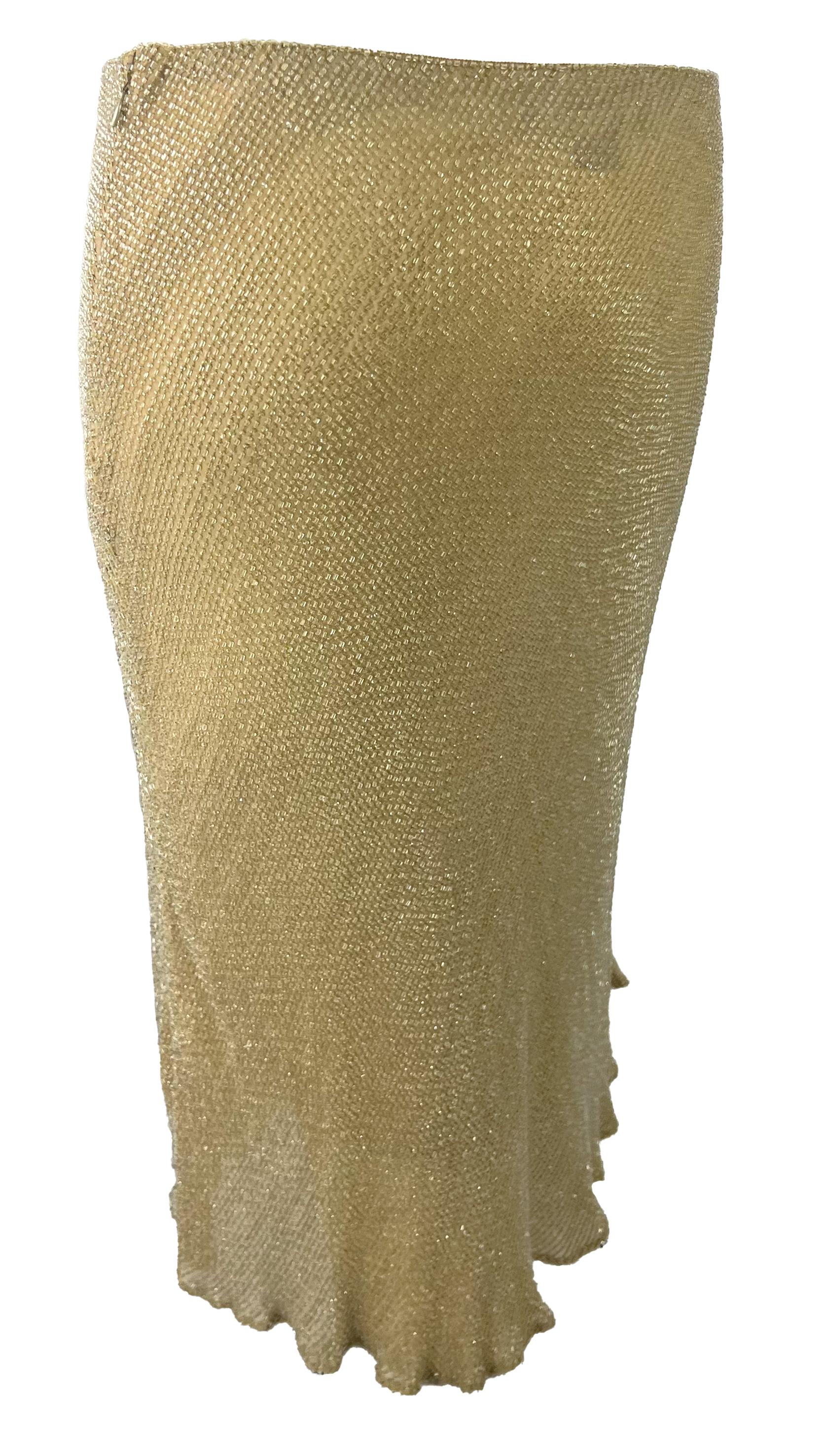 Women's 1990s Ralph Lauren Sheer Silk Chiffon Beige Clear Beaded Flare Midi Skirt For Sale