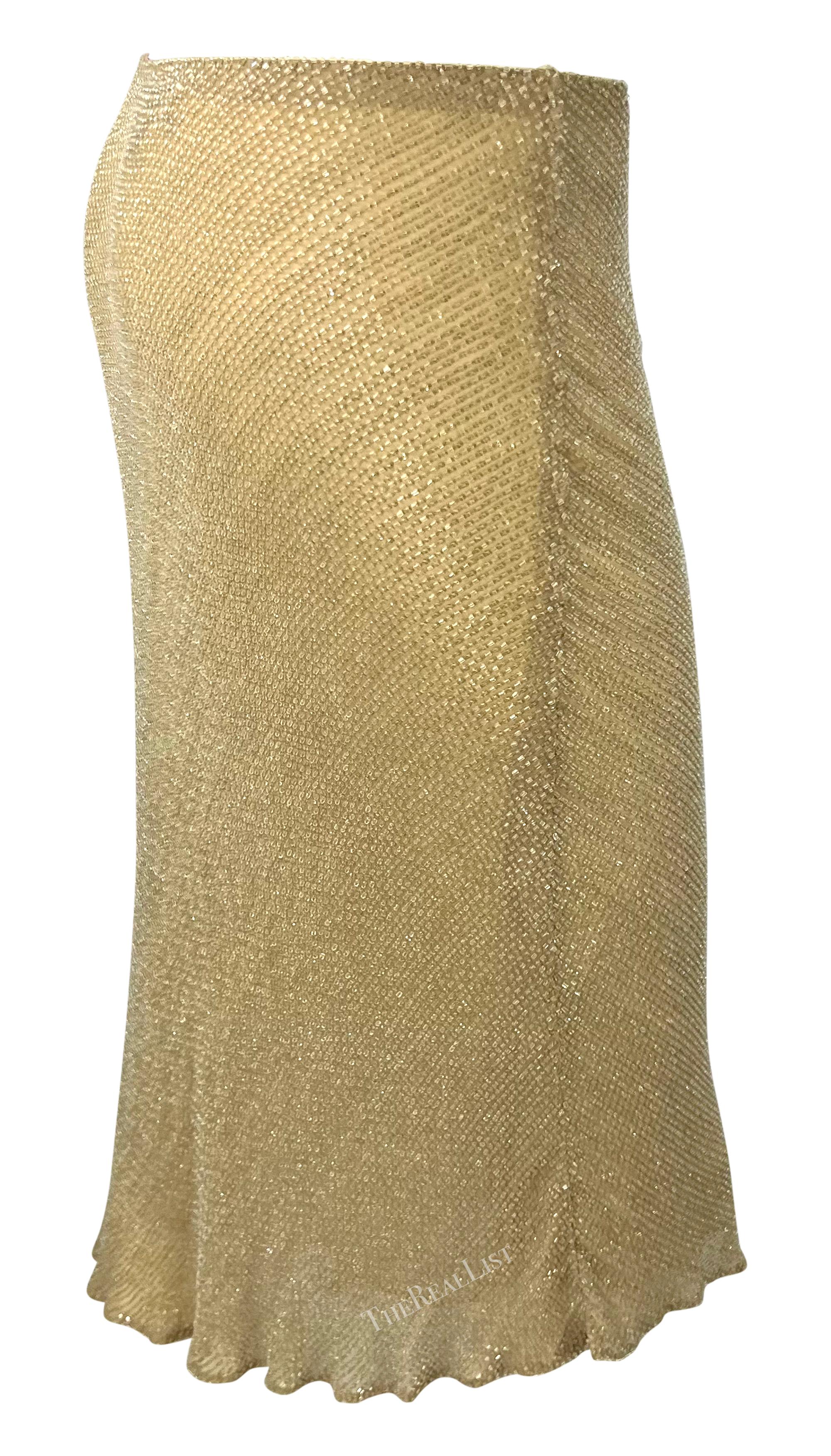 1990s Ralph Lauren Sheer Silk Chiffon Beige Clear Beaded Flare Midi Skirt For Sale 1