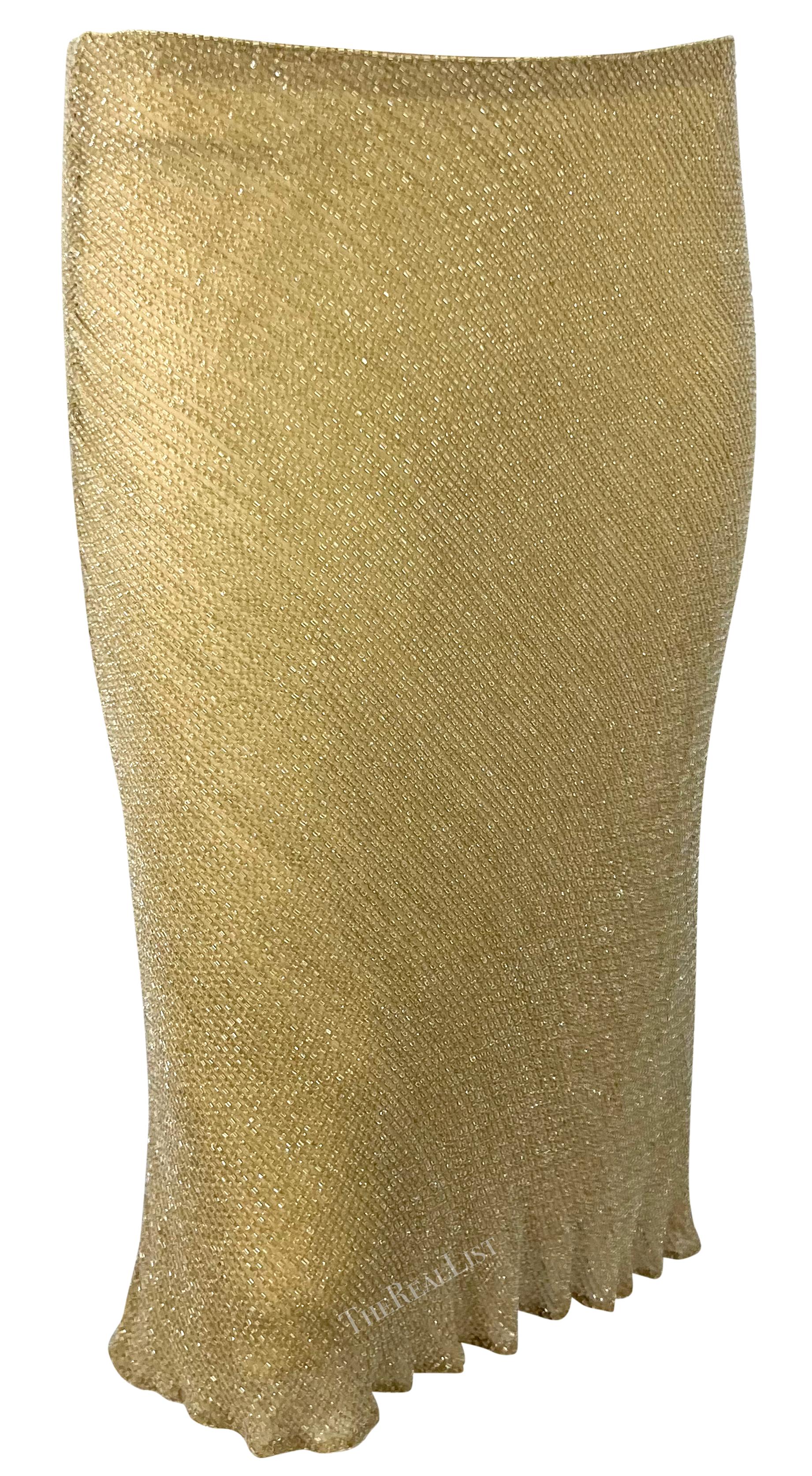 1990s Ralph Lauren Sheer Silk Chiffon Beige Clear Beaded Flare Midi Skirt For Sale 2