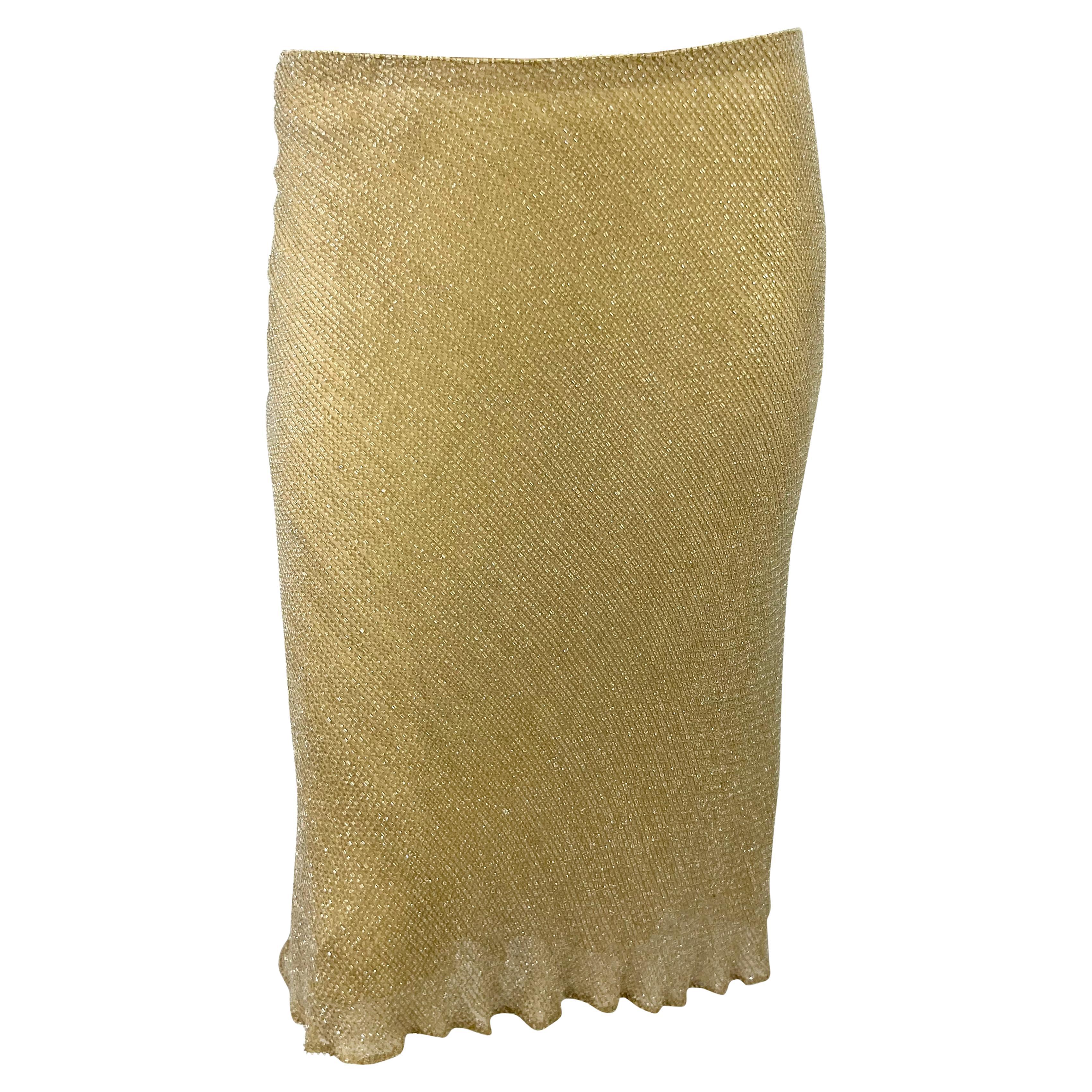 1990s Ralph Lauren Sheer Silk Chiffon Beige Clear Beaded Flare Midi Skirt For Sale