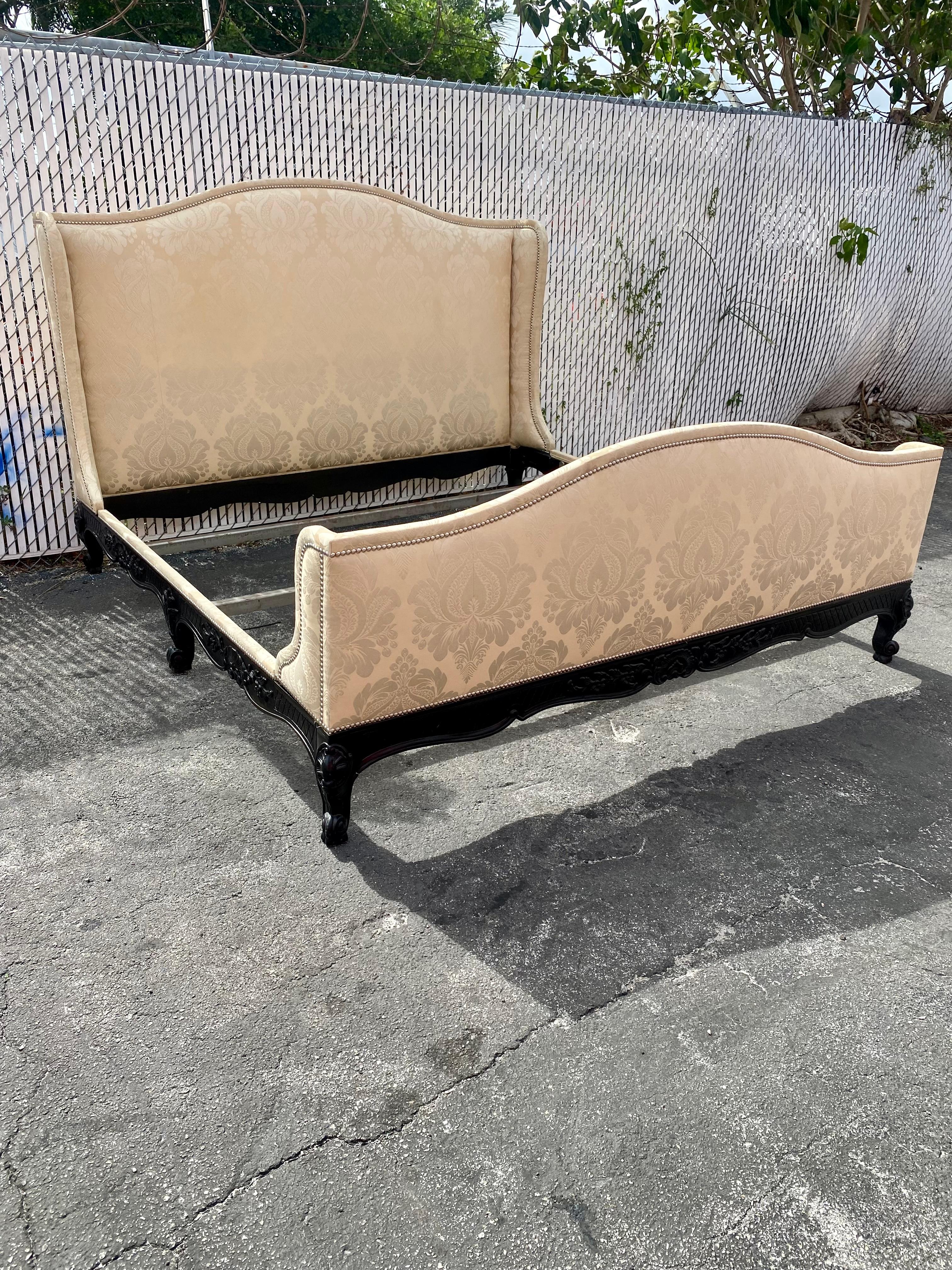 French Provincial 1990s Ralph Lauren Silk Damask Wingback Sleigh Bed For Sale