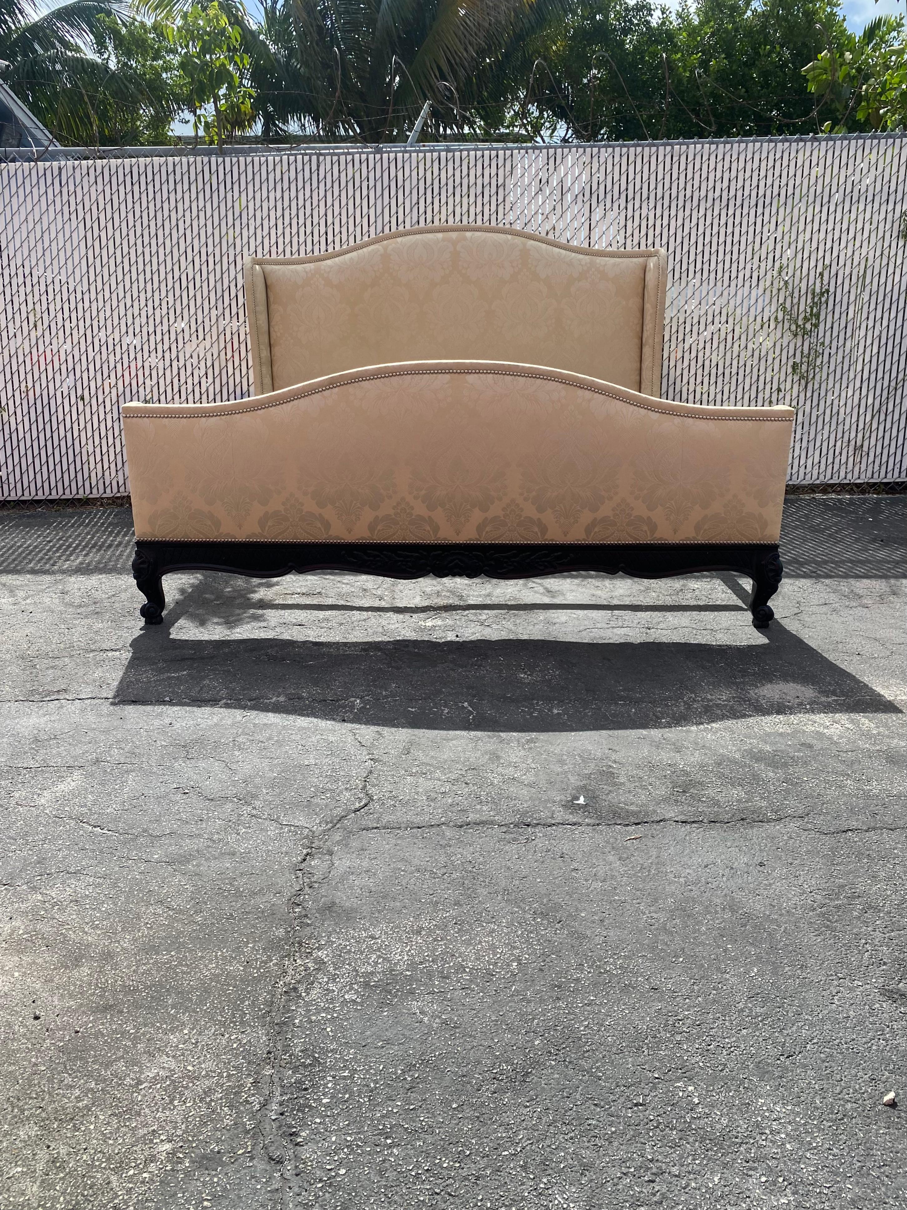 French Provincial 1990s Ralph Lauren Silk Damask King Wingback Sleigh Bed For Sale