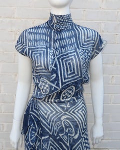 1990’s Ralph Lauren Silk Wrap Dress With Tribal Blue & White Print