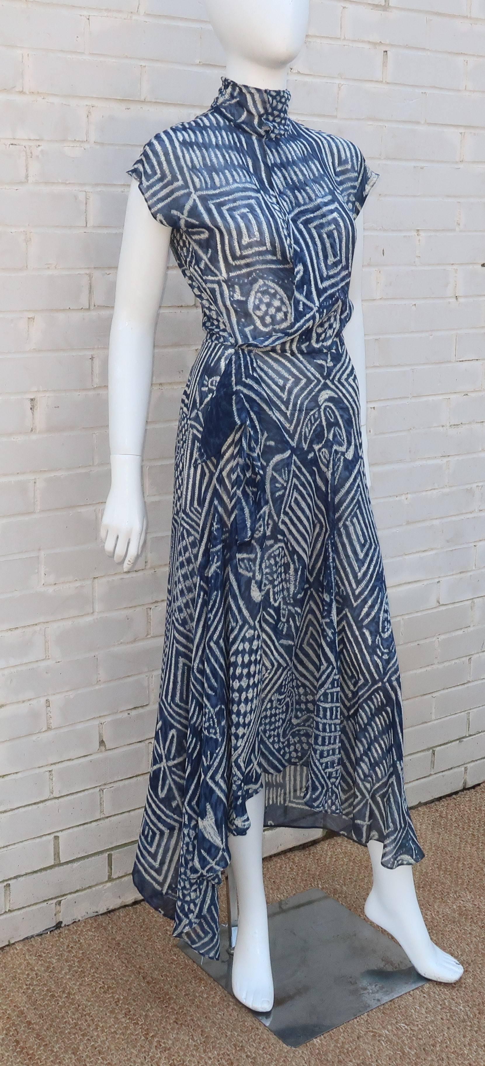 1990’s Ralph Lauren Silk Wrap Dress With Tribal Blue & White Print In Excellent Condition In Atlanta, GA