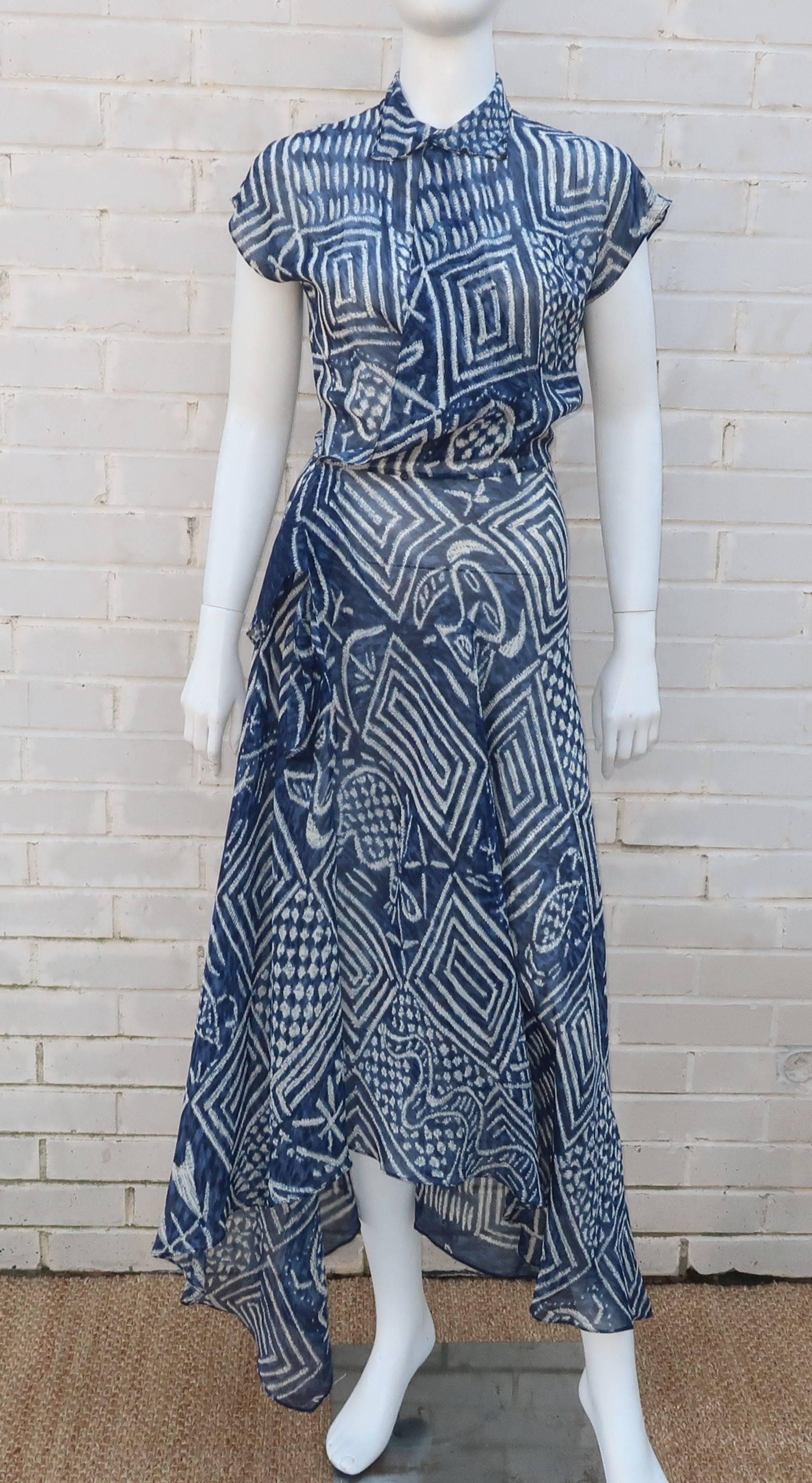 Women's 1990’s Ralph Lauren Silk Wrap Dress With Tribal Blue & White Print