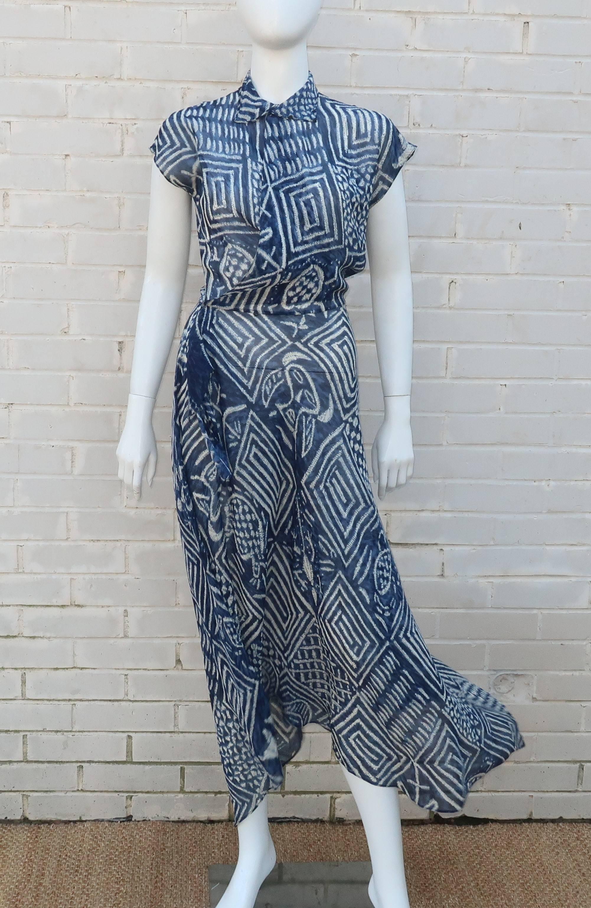 1990’s Ralph Lauren Silk Wrap Dress With Tribal Blue & White Print 1