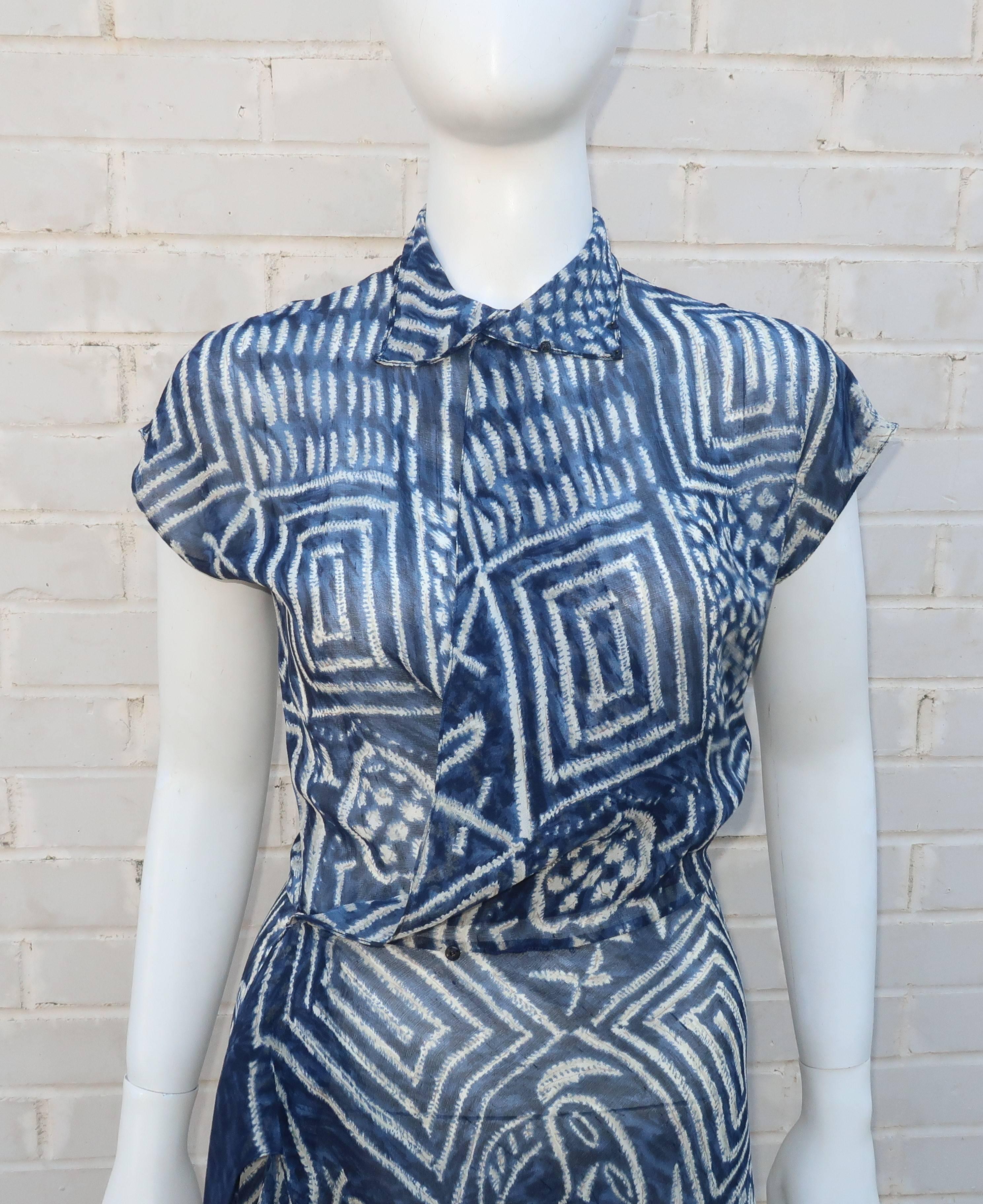 1990’s Ralph Lauren Silk Wrap Dress With Tribal Blue & White Print 2