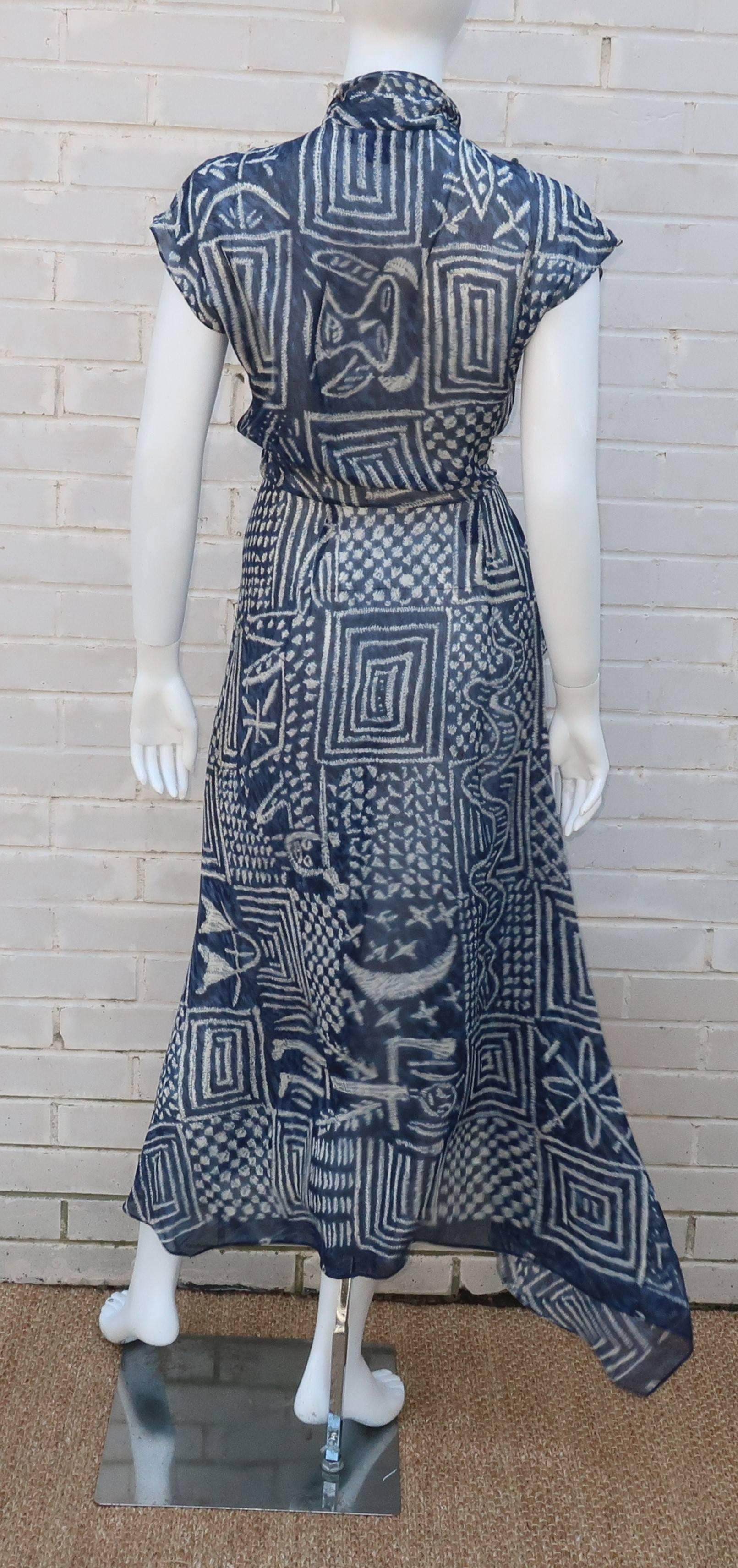 1990’s Ralph Lauren Silk Wrap Dress With Tribal Blue & White Print 3