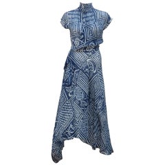 1990’s Ralph Lauren Silk Wrap Dress With Tribal Blue & White Print