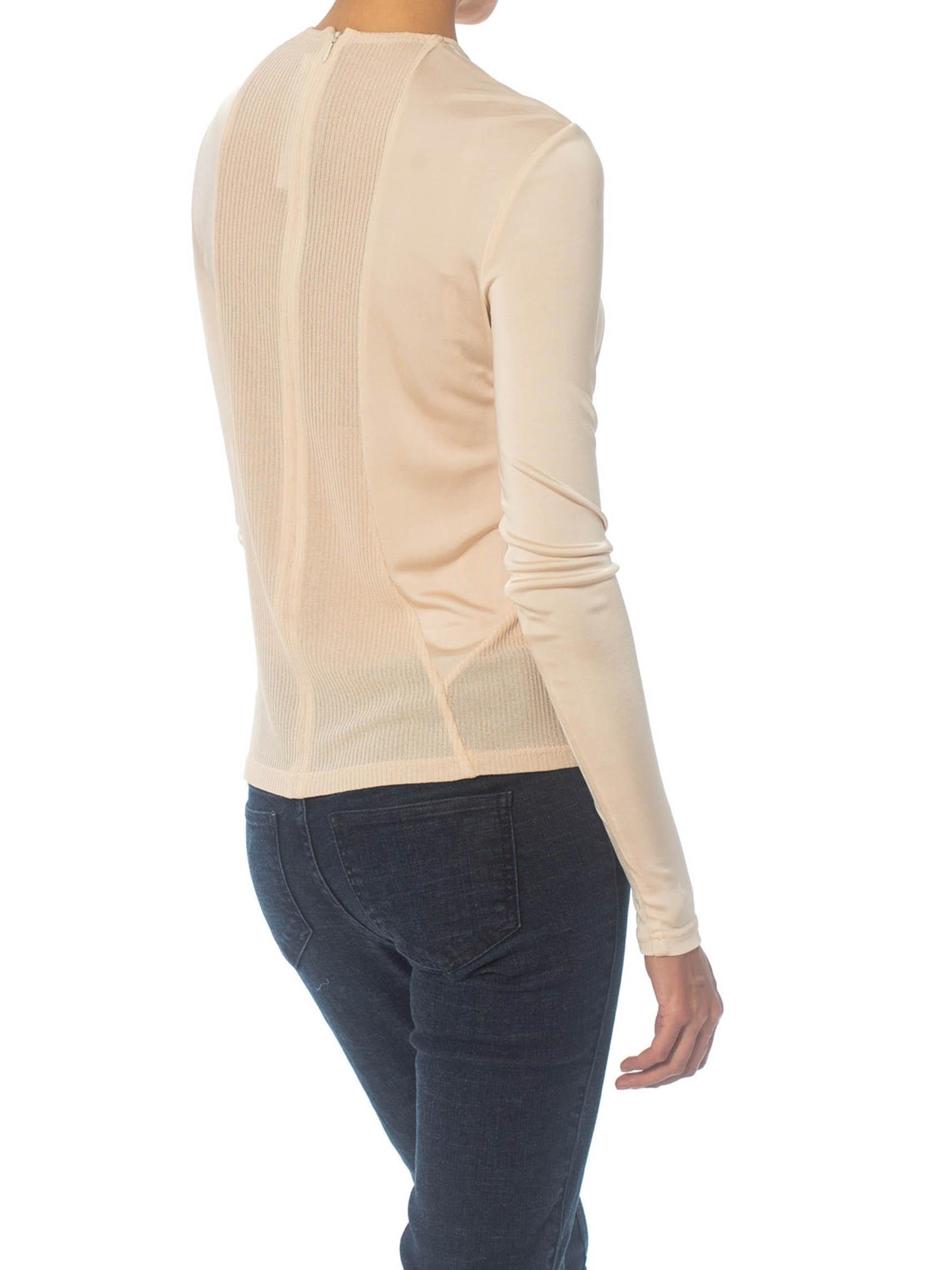 1990'S RALPH RUCCI Baby Pink Rayon Jersey Sheer Ribbed Panel Top In Excellent Condition In New York, NY