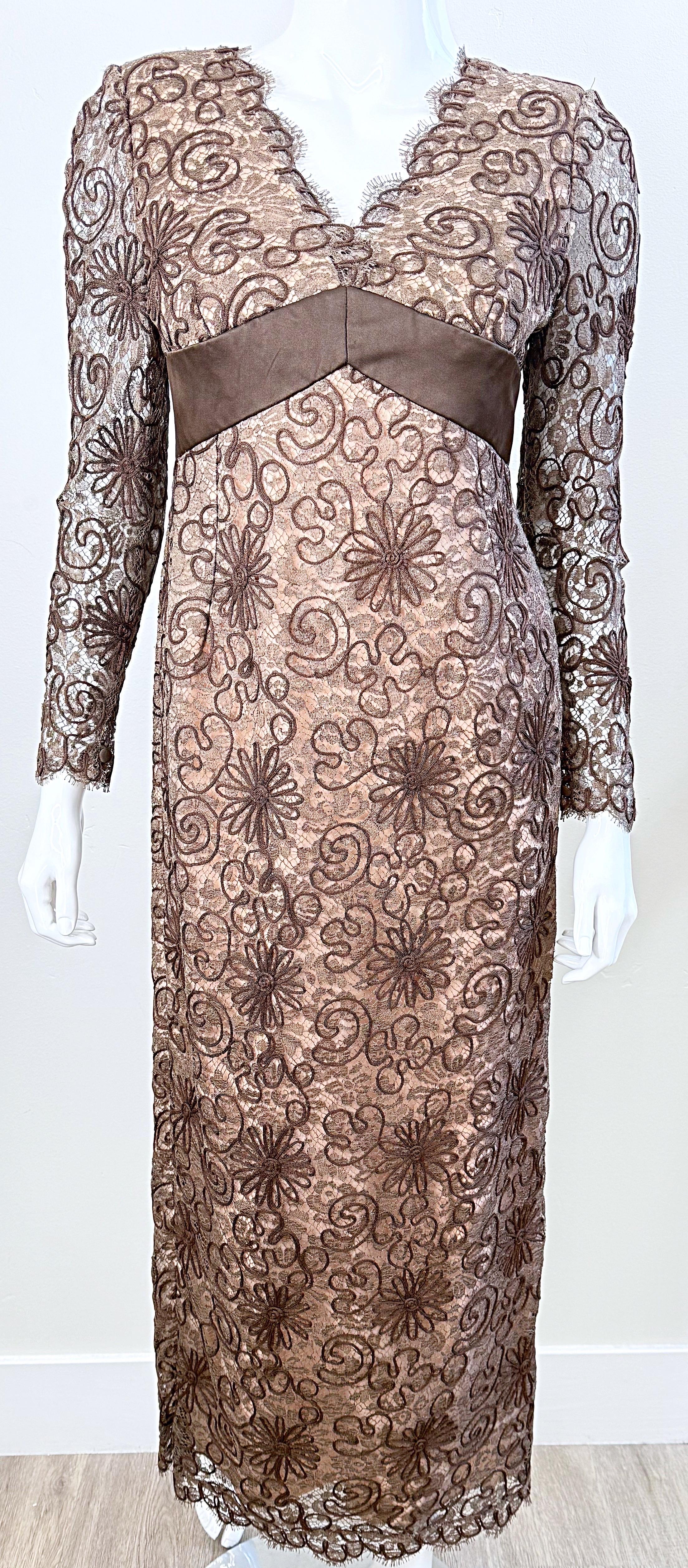 1990s Raoul Arango for Bergdorf Goodman Sz 6 Brown Nude Lace Vintage Gown Dress For Sale 8
