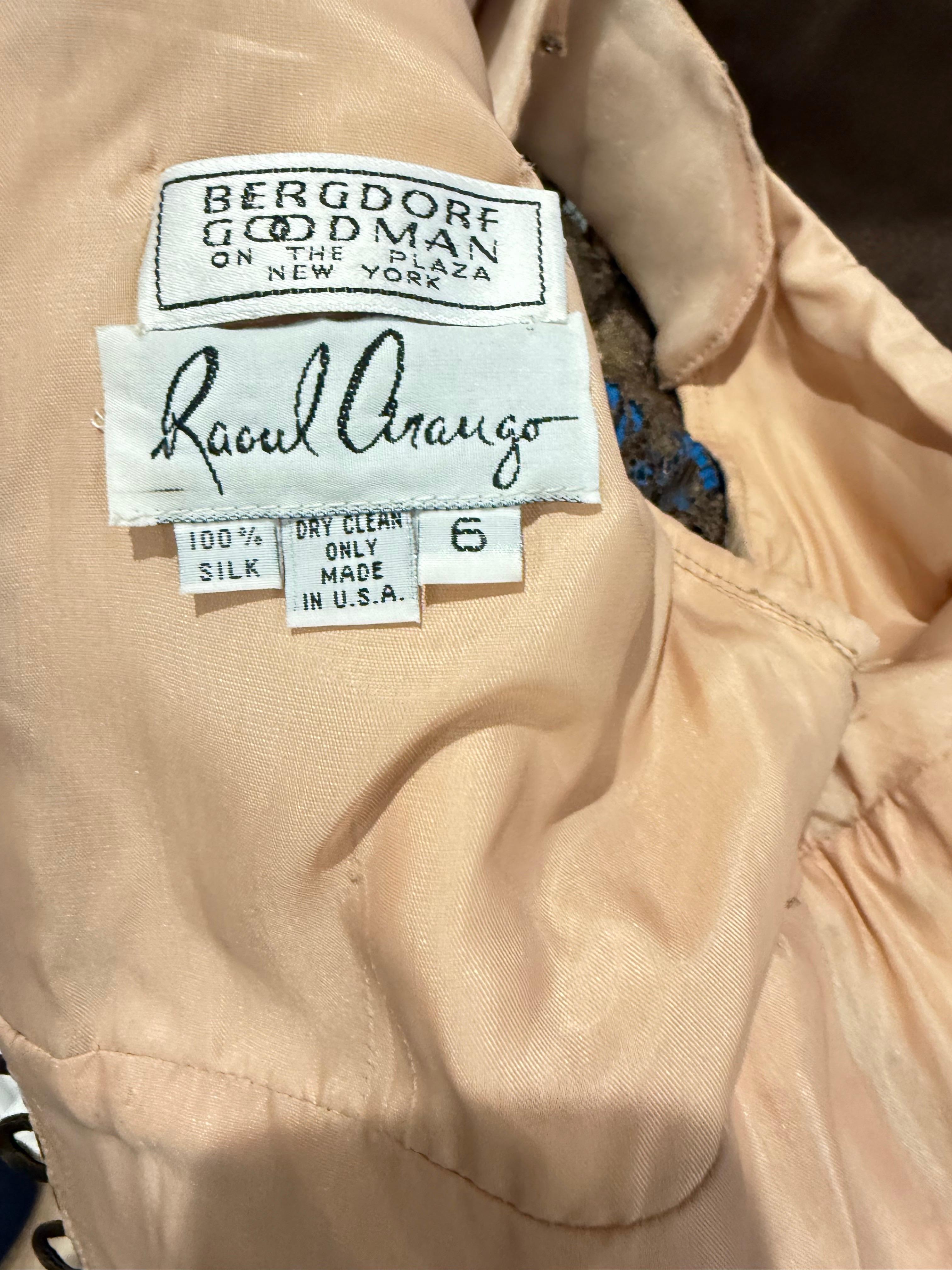Beautiful Raoul Arango Couture for Bergdorf Goodman brown and nude lace soutache evening gown ! Brown lace with soutache details. Body is lined in nude silk, and sleeves are not lined. Hidden zipper up the back with 8 silk covered buttons.