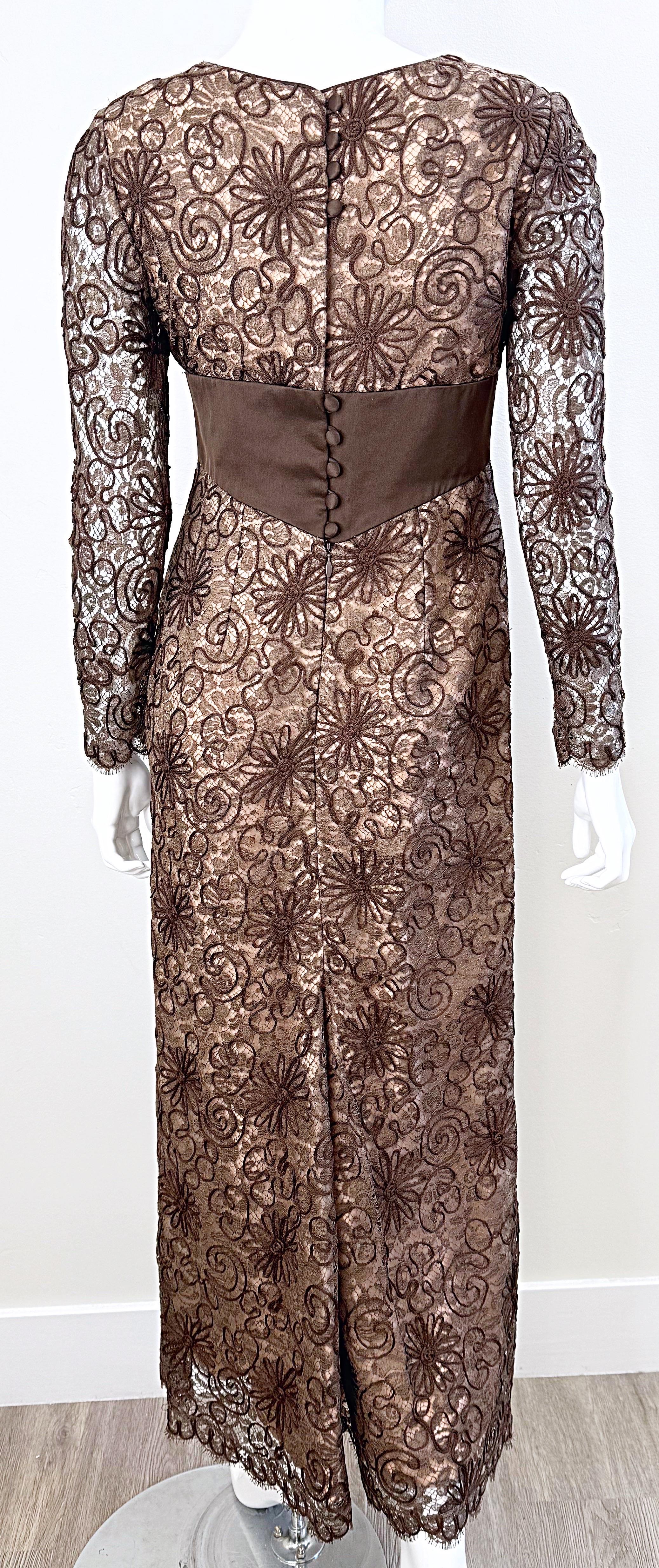 Women's 1990s Raoul Arango for Bergdorf Goodman Sz 6 Brown Nude Lace Vintage Gown Dress For Sale
