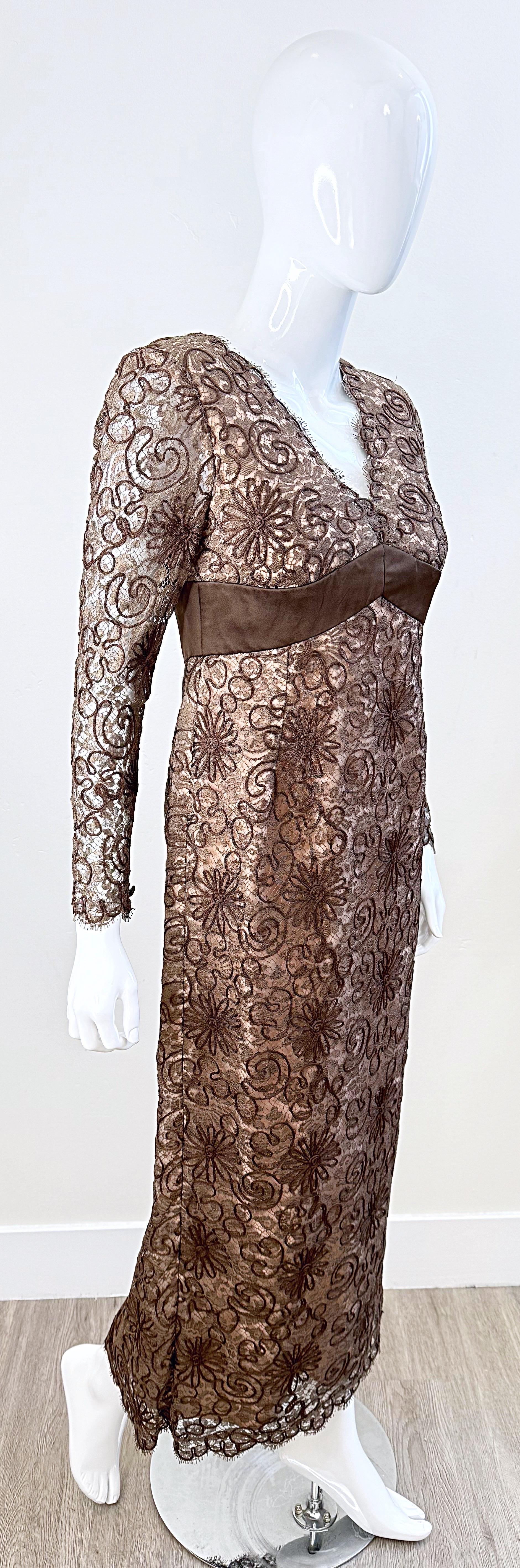 1990s Raoul Arango for Bergdorf Goodman Sz 6 Brown Nude Lace Vintage Gown Dress For Sale 5