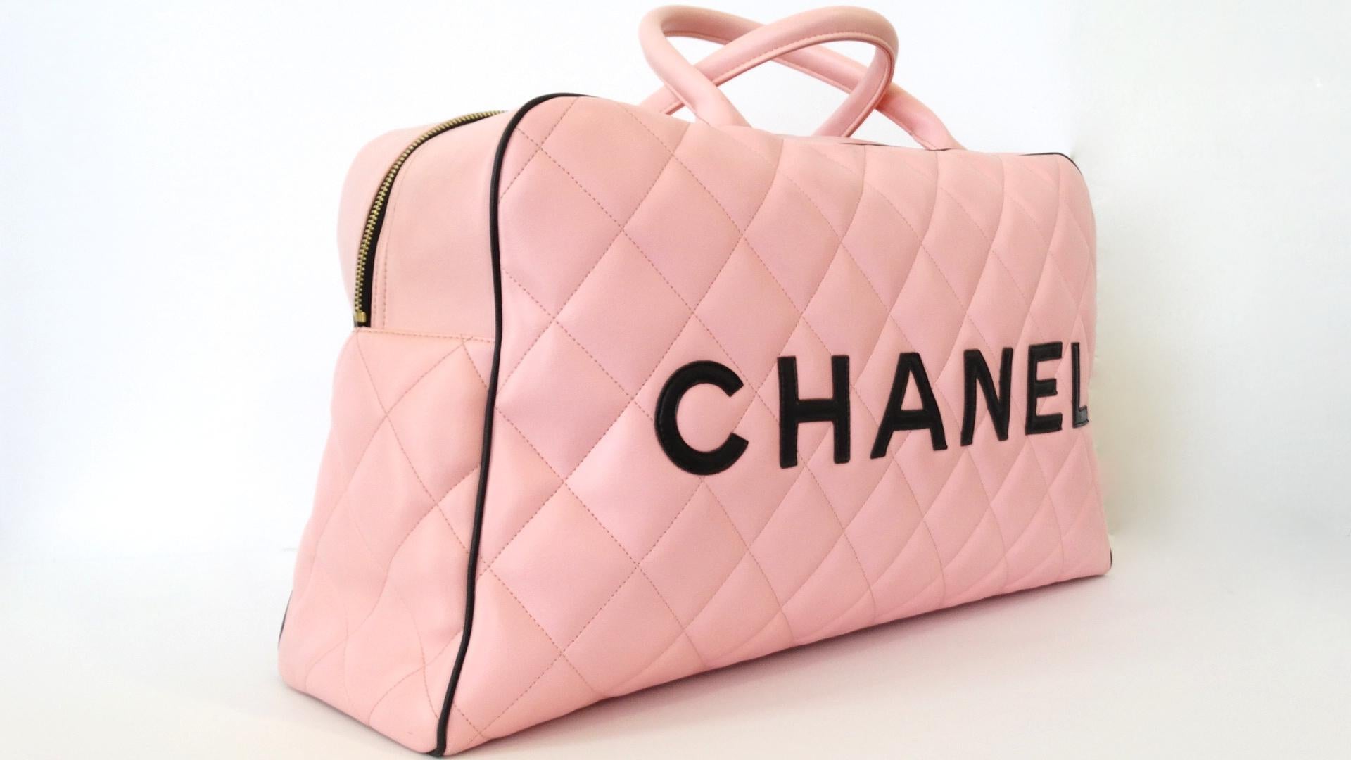 1990s Rare Chanel Black/Pink Quilted Leather Boston Duffle 6
