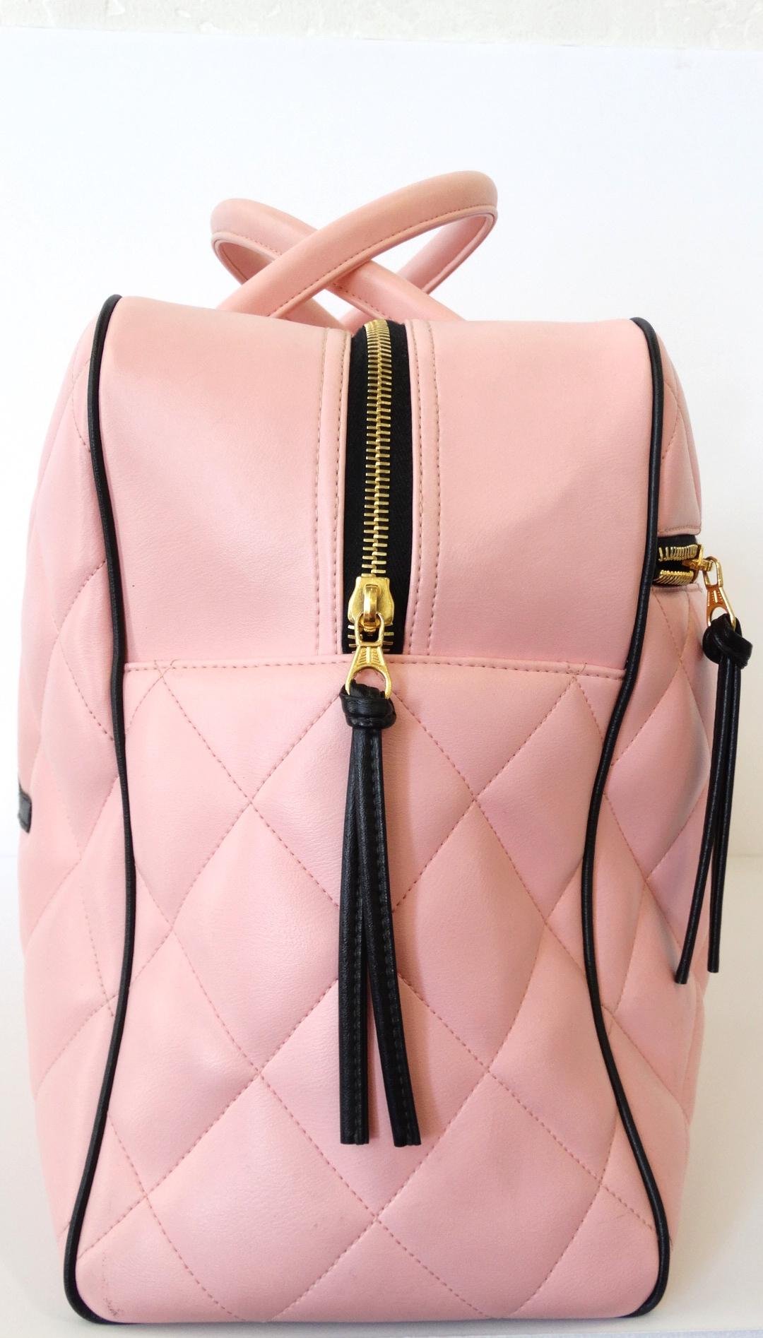 1990s Rare Chanel Black/Pink Quilted Leather Boston Duffle 9