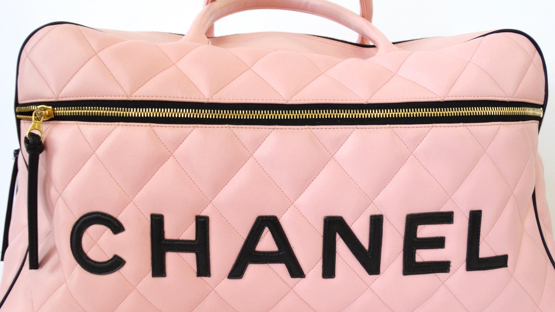 1990s Rare Chanel Black/Pink Quilted Leather Boston Duffle 10