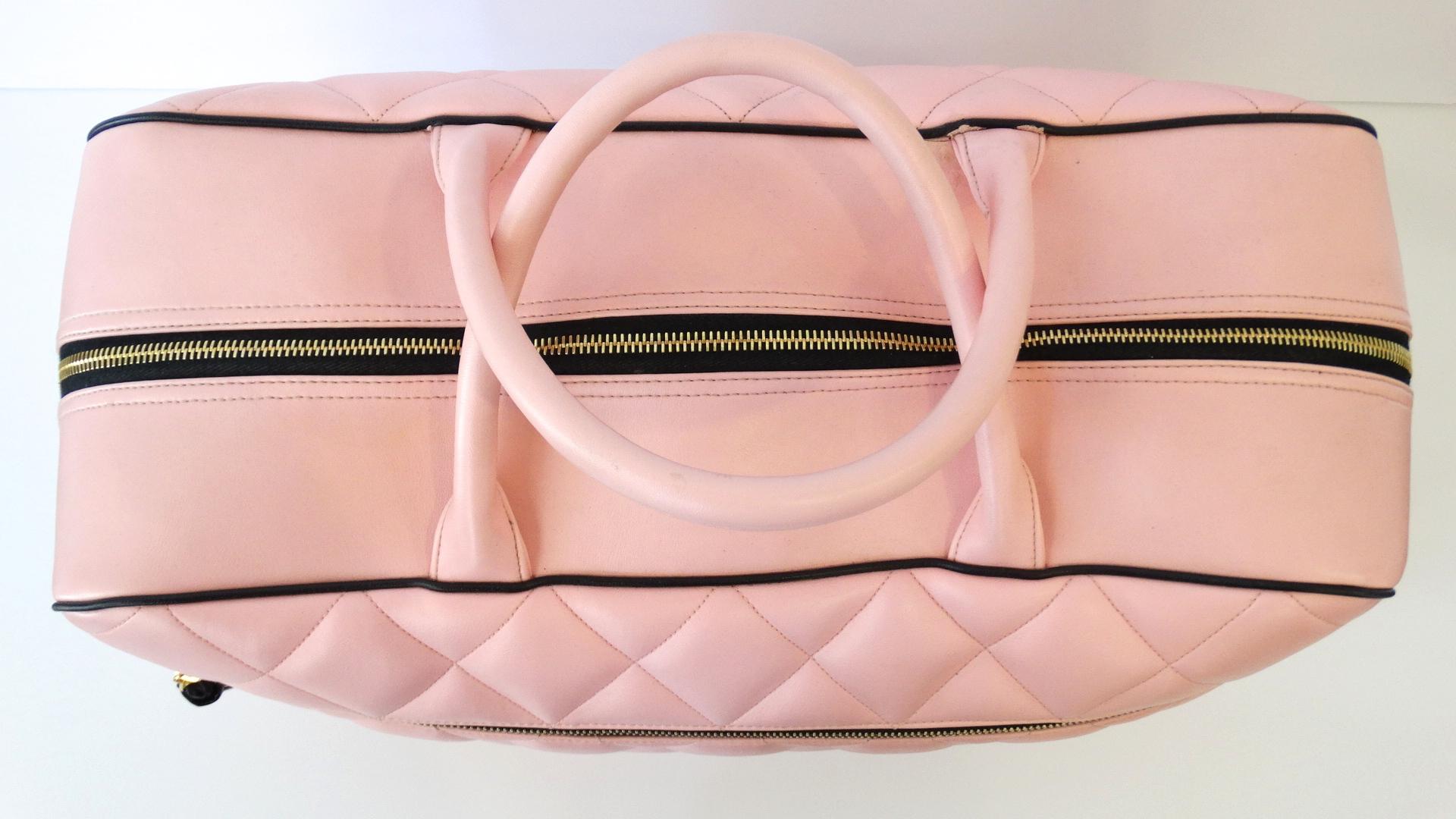 1990s Rare Chanel Black/Pink Quilted Leather Boston Duffle In Good Condition In Scottsdale, AZ