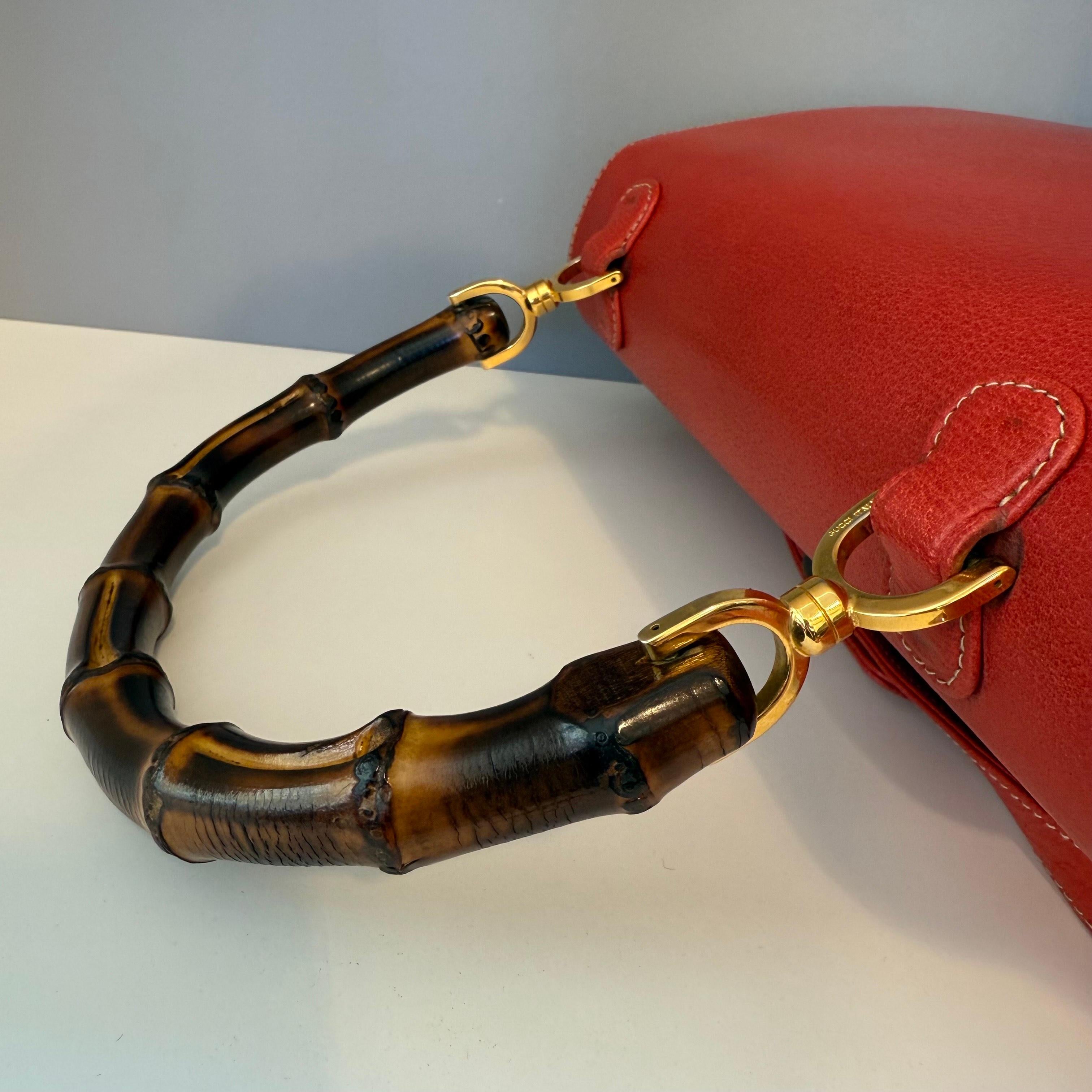 1990s Rare Gucci Large Red Bamboo Bag 2