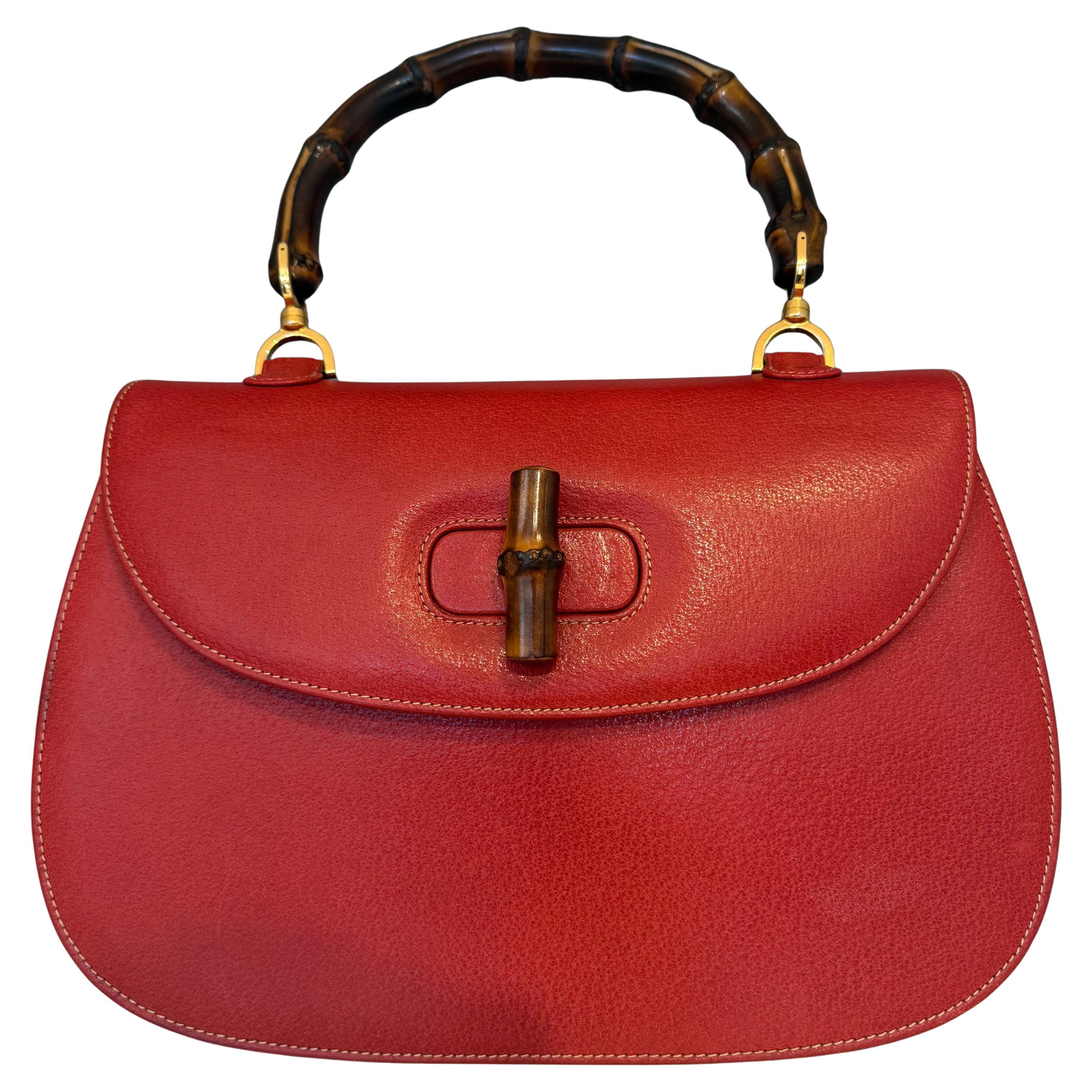 1990s Rare Gucci Large Red Bamboo Bag