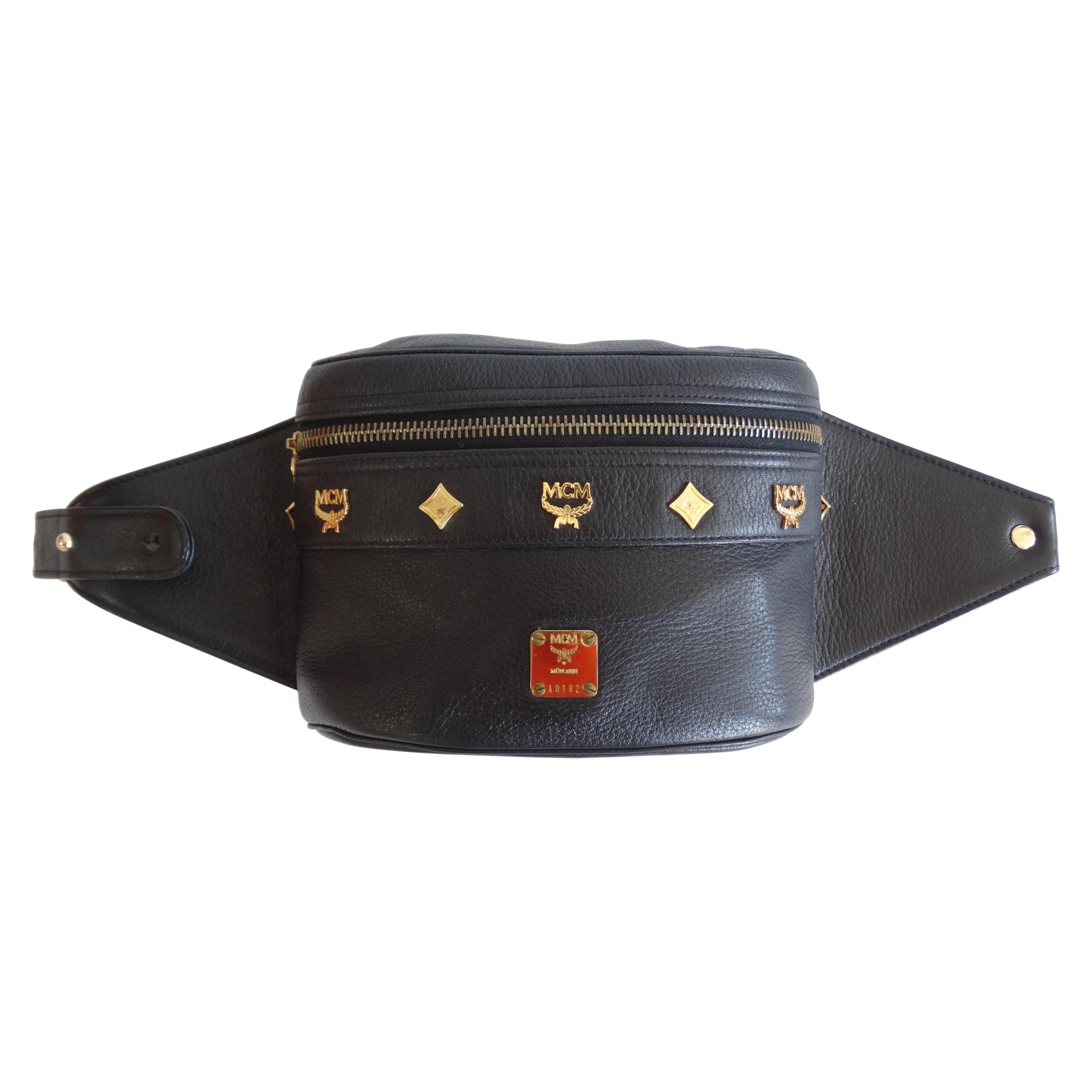 1990s Rare MCM Black Leather Chain Belt Fanny Pack 