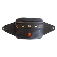 Used 1990s Rare MCM Black Leather Chain Belt Fanny Pack 