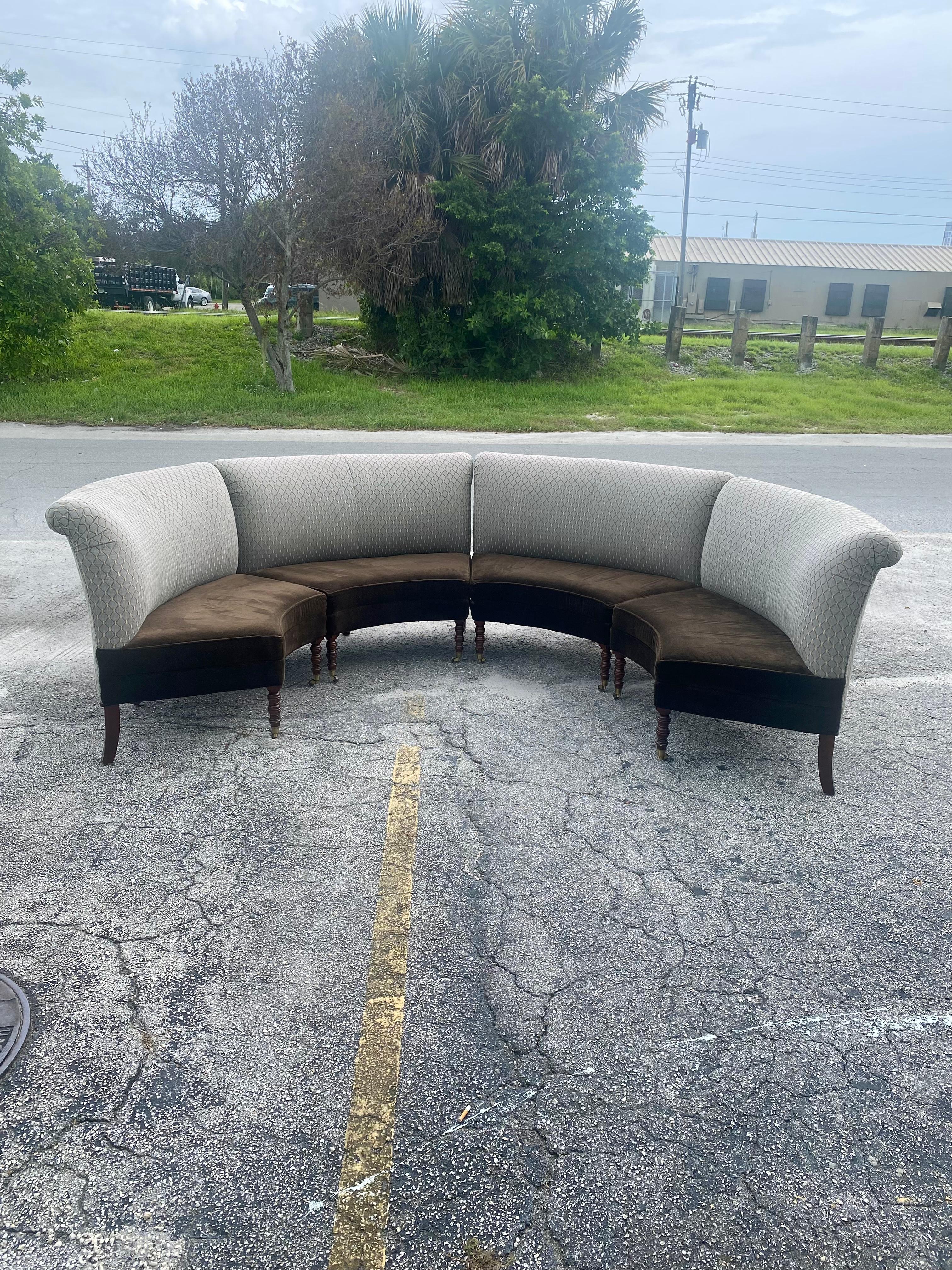 1990s Rare Modular English Style on Castors Settee Curved Sectional Sofa In Excellent Condition In Fort Lauderdale, FL