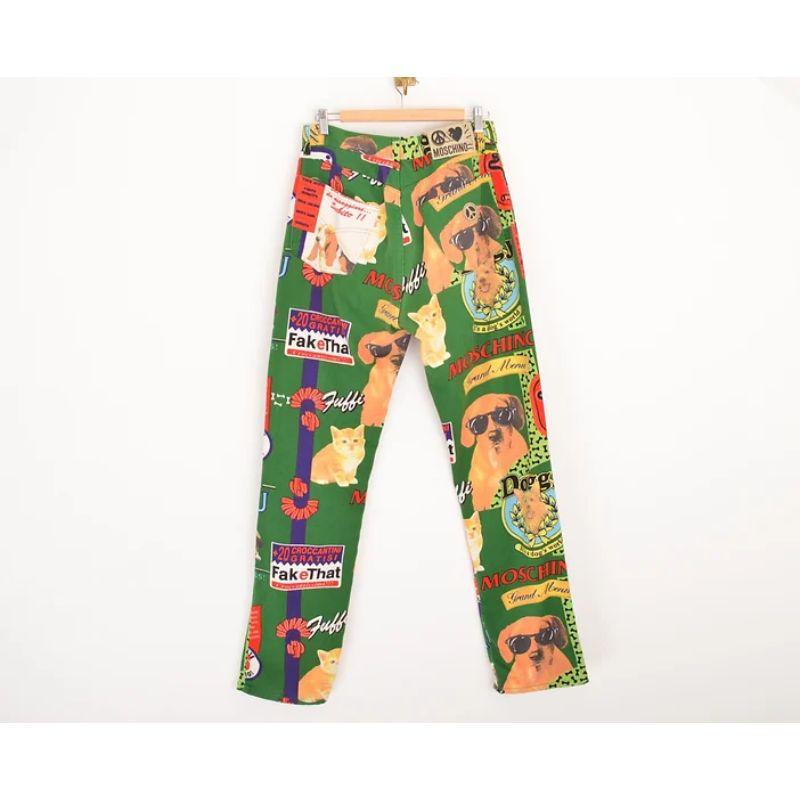 1990's Rare Moschino 'Dog Food' Print Crazy Pattern Colourful Jeans For Sale 3
