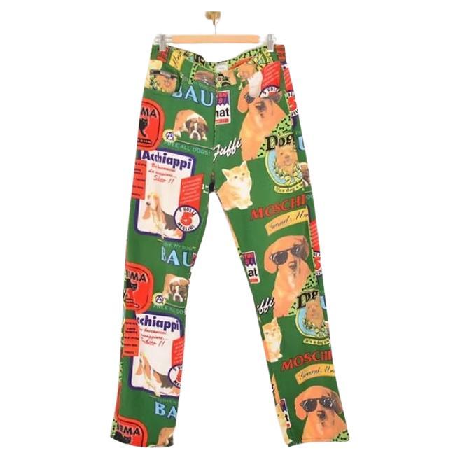 1990's Rare Moschino 'Dog Food' Print Crazy Pattern Colourful Jeans For Sale