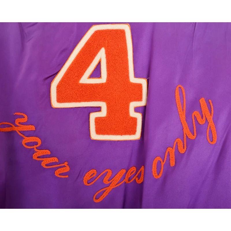 1990's Rare Moschino 'For Your Eyes Only' Satin Varsity Colourful Bomber Jacket For Sale 1
