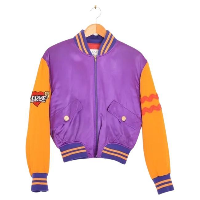 1990's Rare Moschino 'For Your Eyes Only' Satin Varsity Colourful Bomber Jacket For Sale