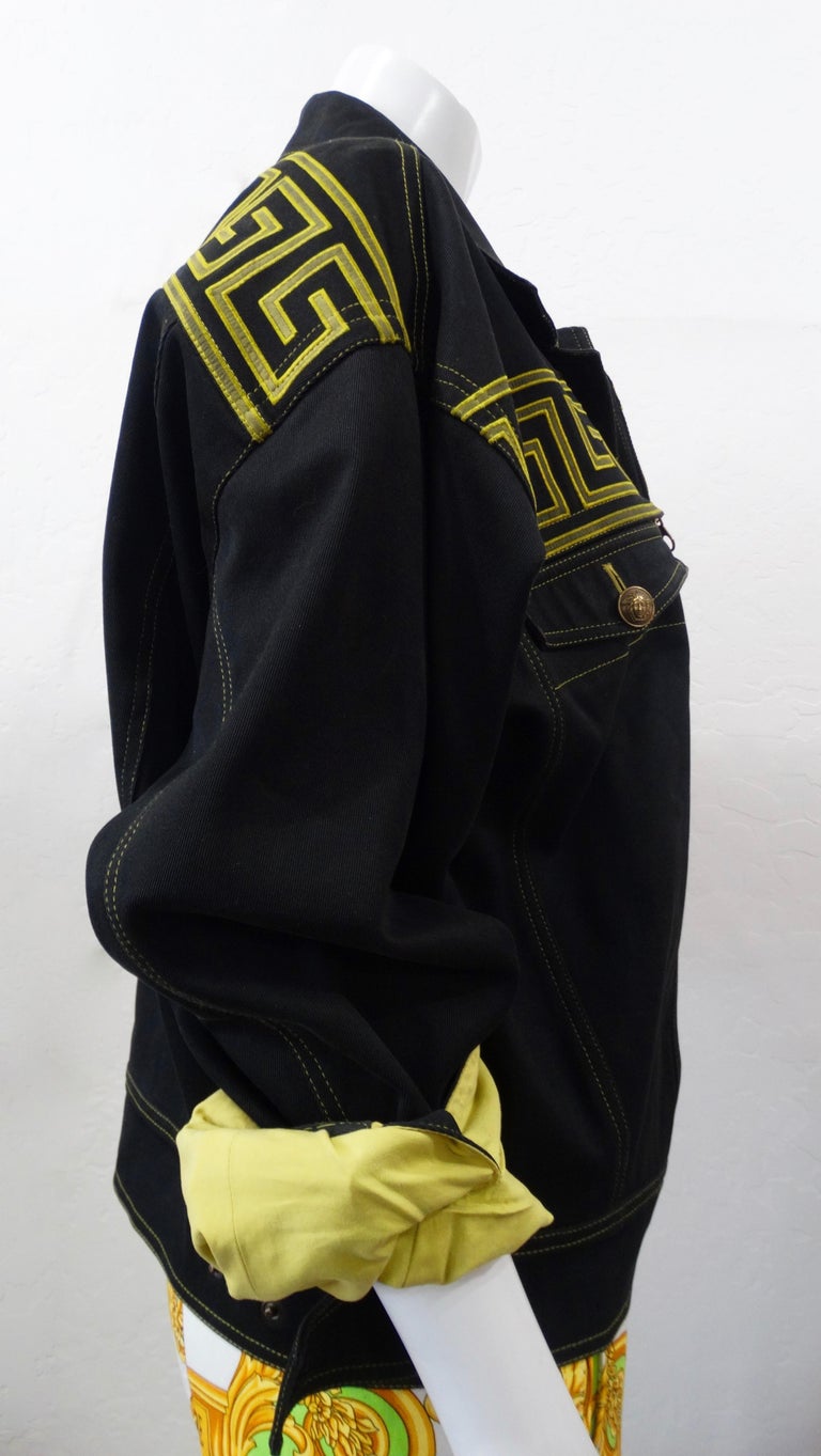 1990s Rare Versace Greek Key Denim Jacket at 1stDibs